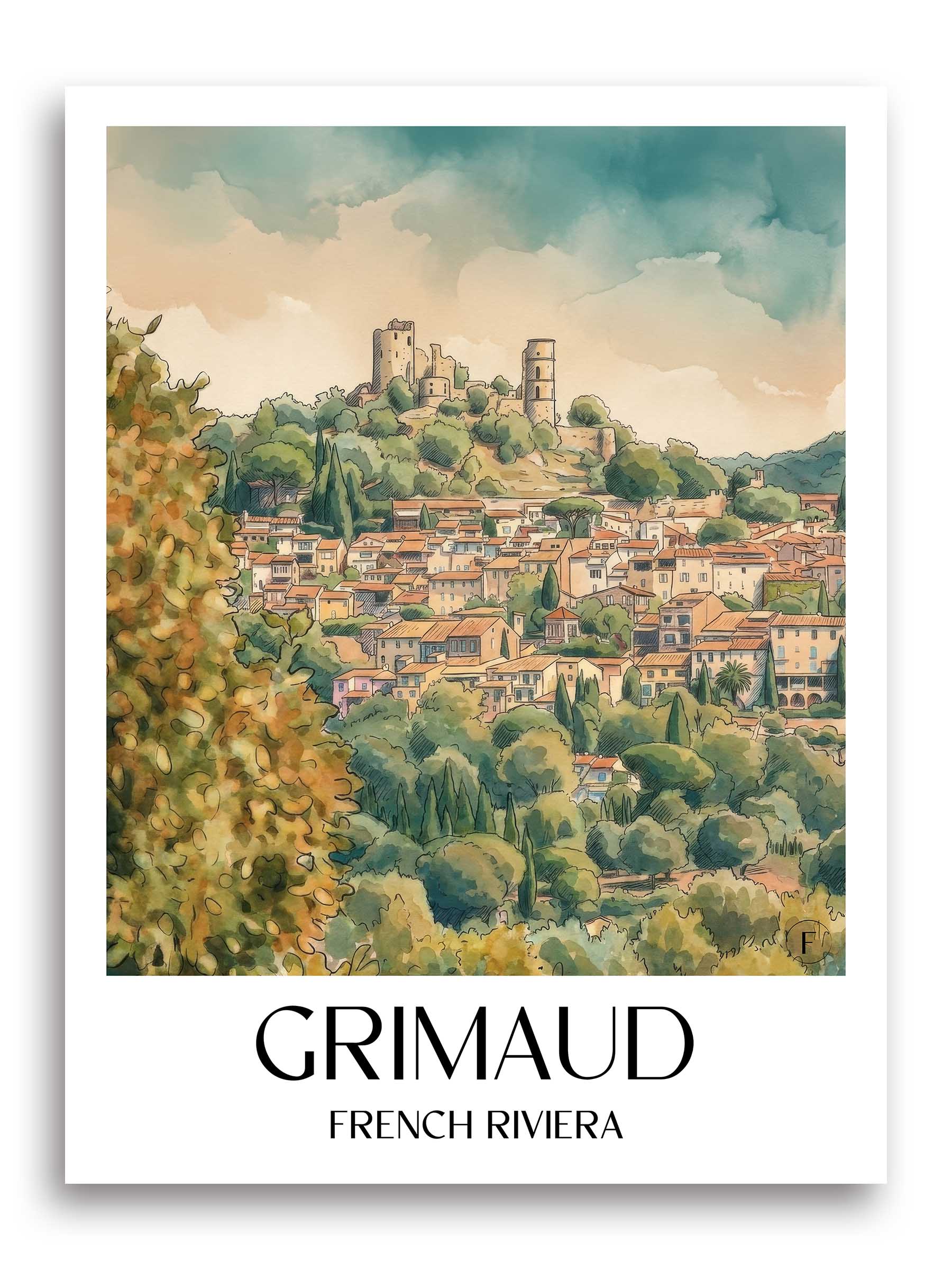 Grimaud Poster - Côte d´Azur - Frankreich Kunstdruck - Aquarell von A4 bis A1
