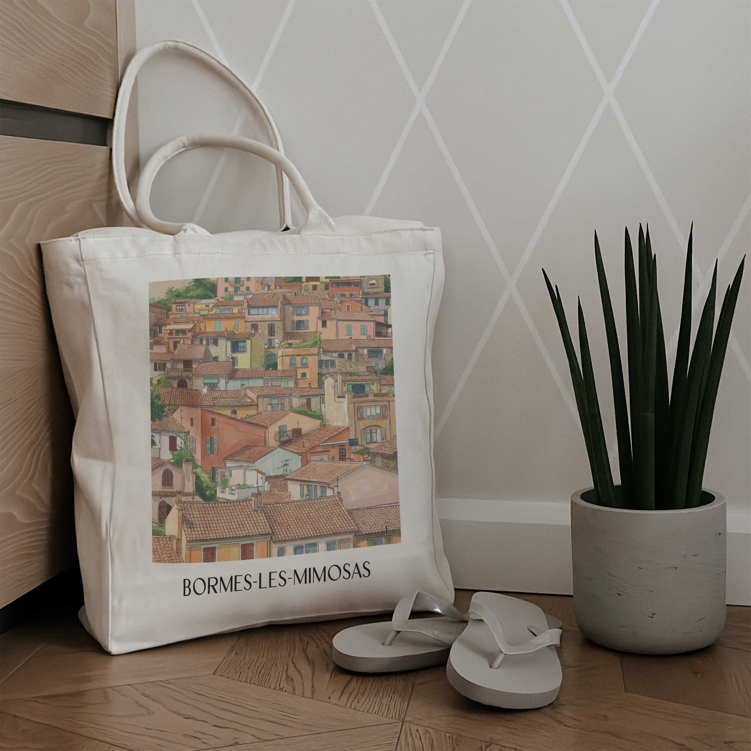 bormes-les-mimosas-côte-des-maures-frankreich-einkaufstasche-aquarell