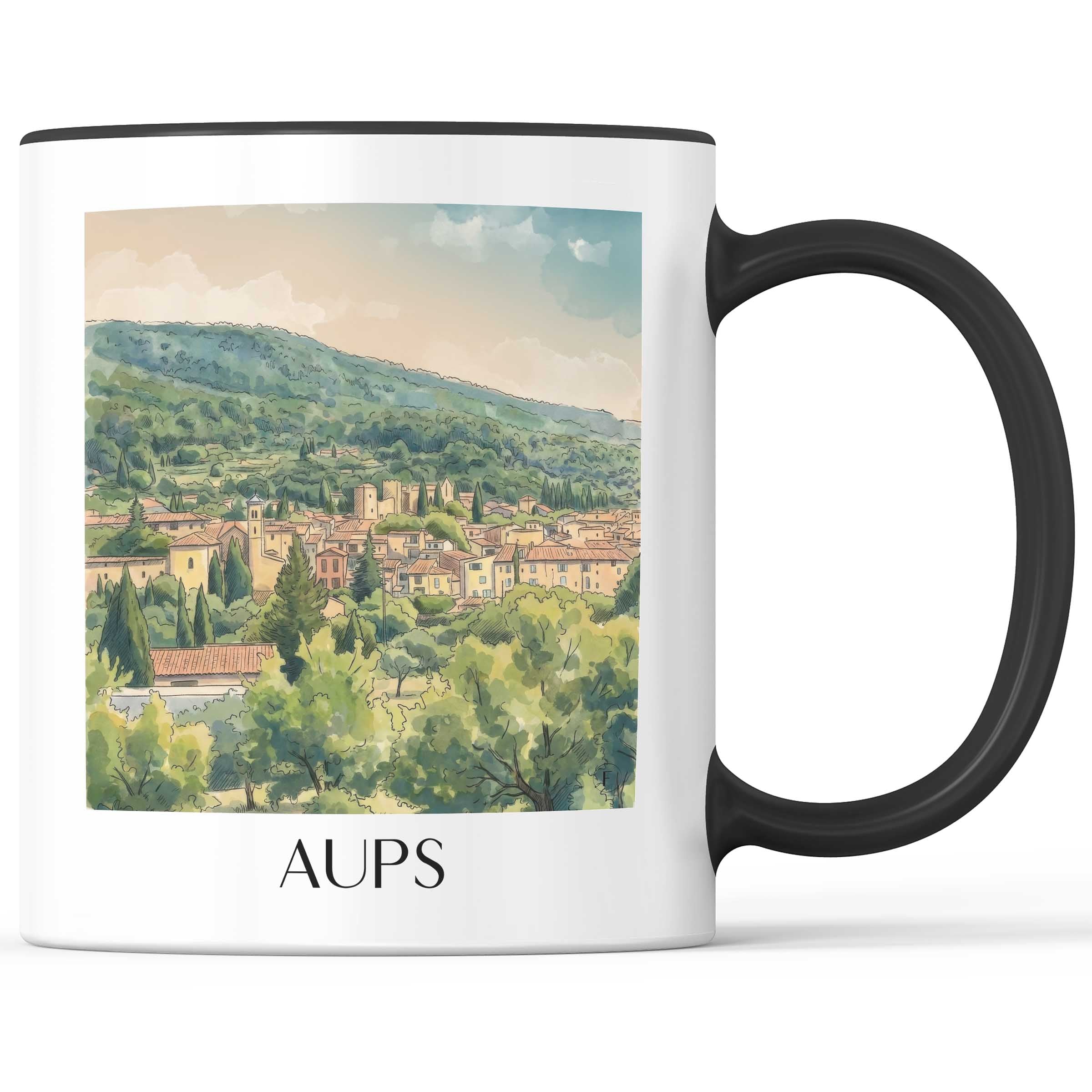 Aups Kaffeebecher - Provence Verte - Frankreich Becher - Kaffeetasse im Aquarell Stil
