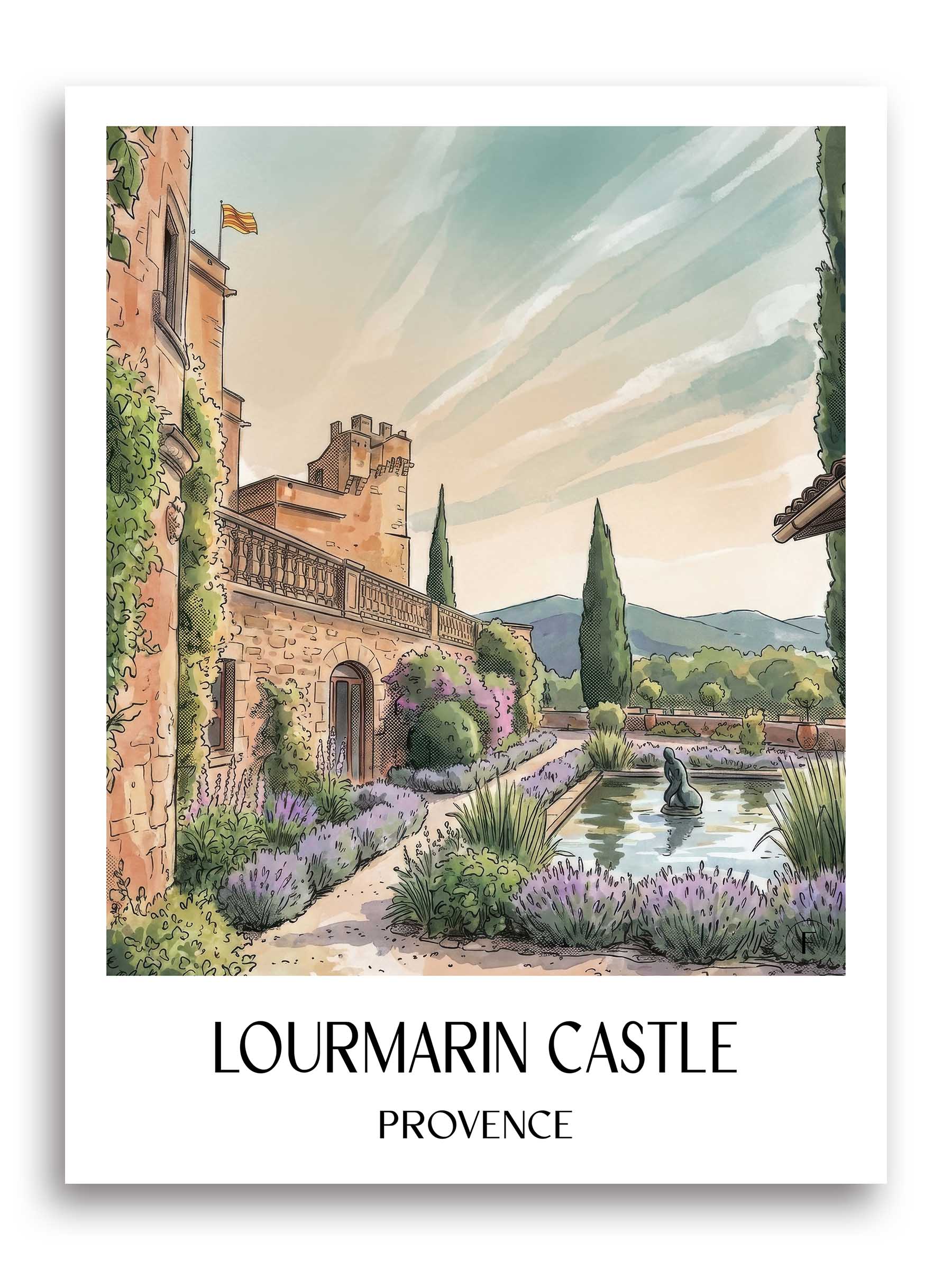 Schloss Lourmarin Poster - Provence - Frankreich Kunstdruck - Aquarell von A4 bis A1