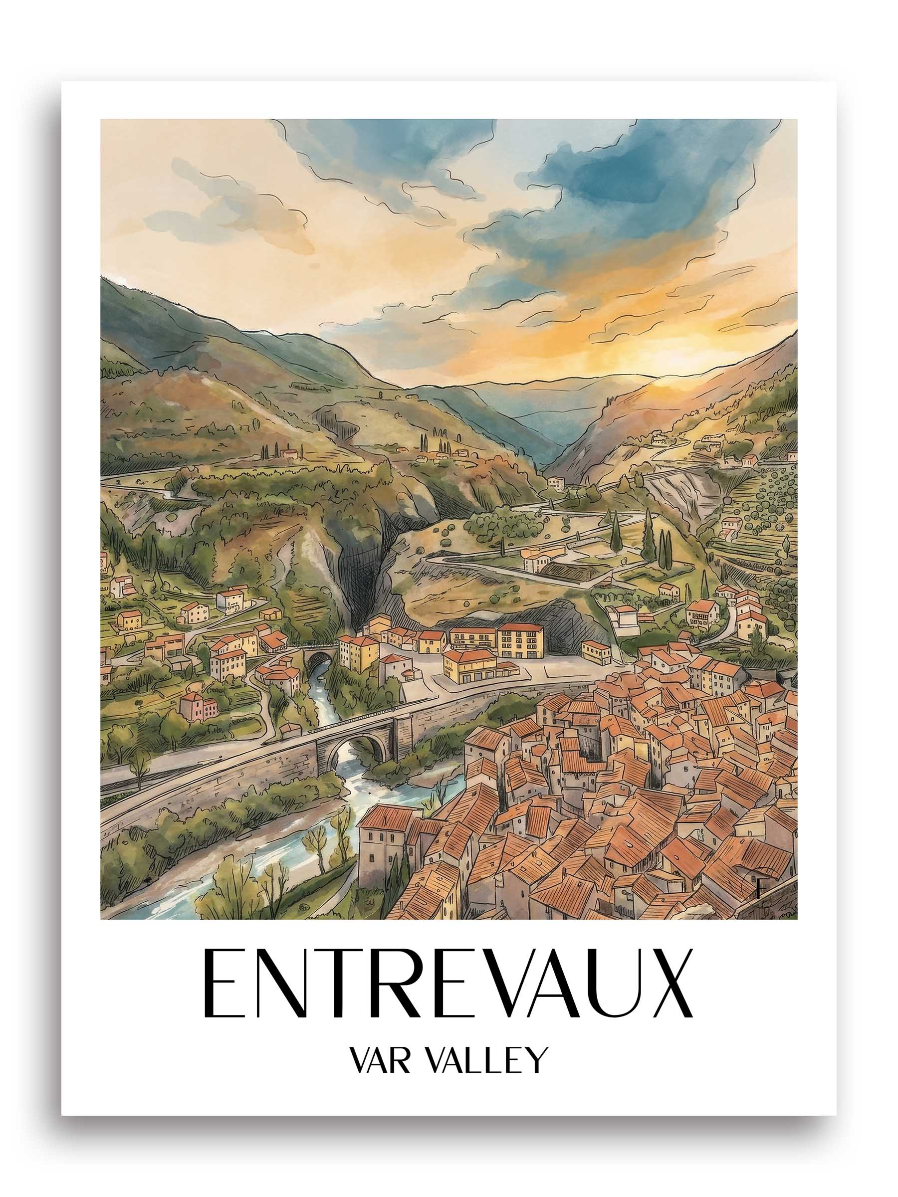 Entrevaux Poster - Vallée du Var - Frankreich Kunstdruck - Aquarell von A4 bis A1