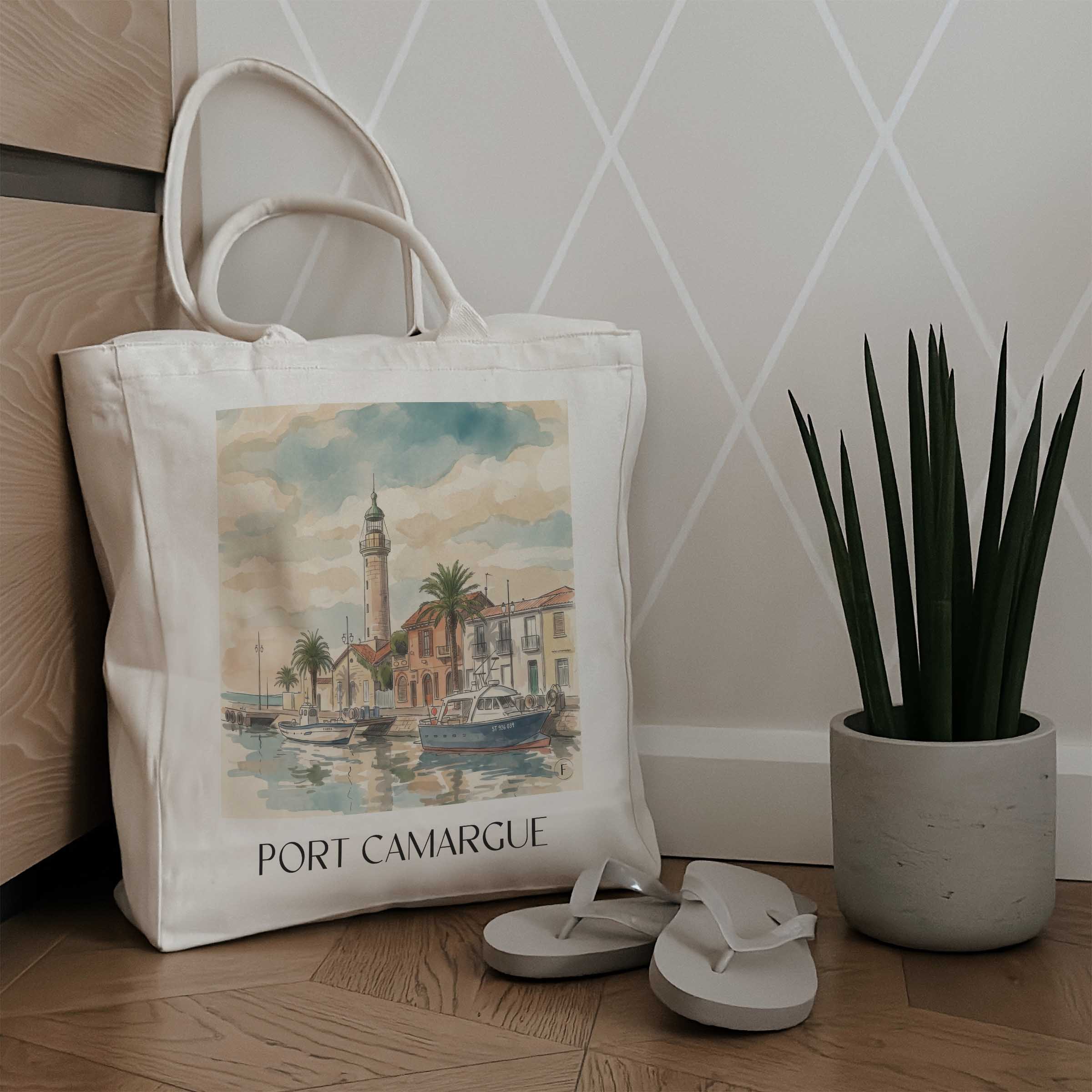 port-camargue-le-grau-du-roi-frankreich-einkaufstasche-aquarell