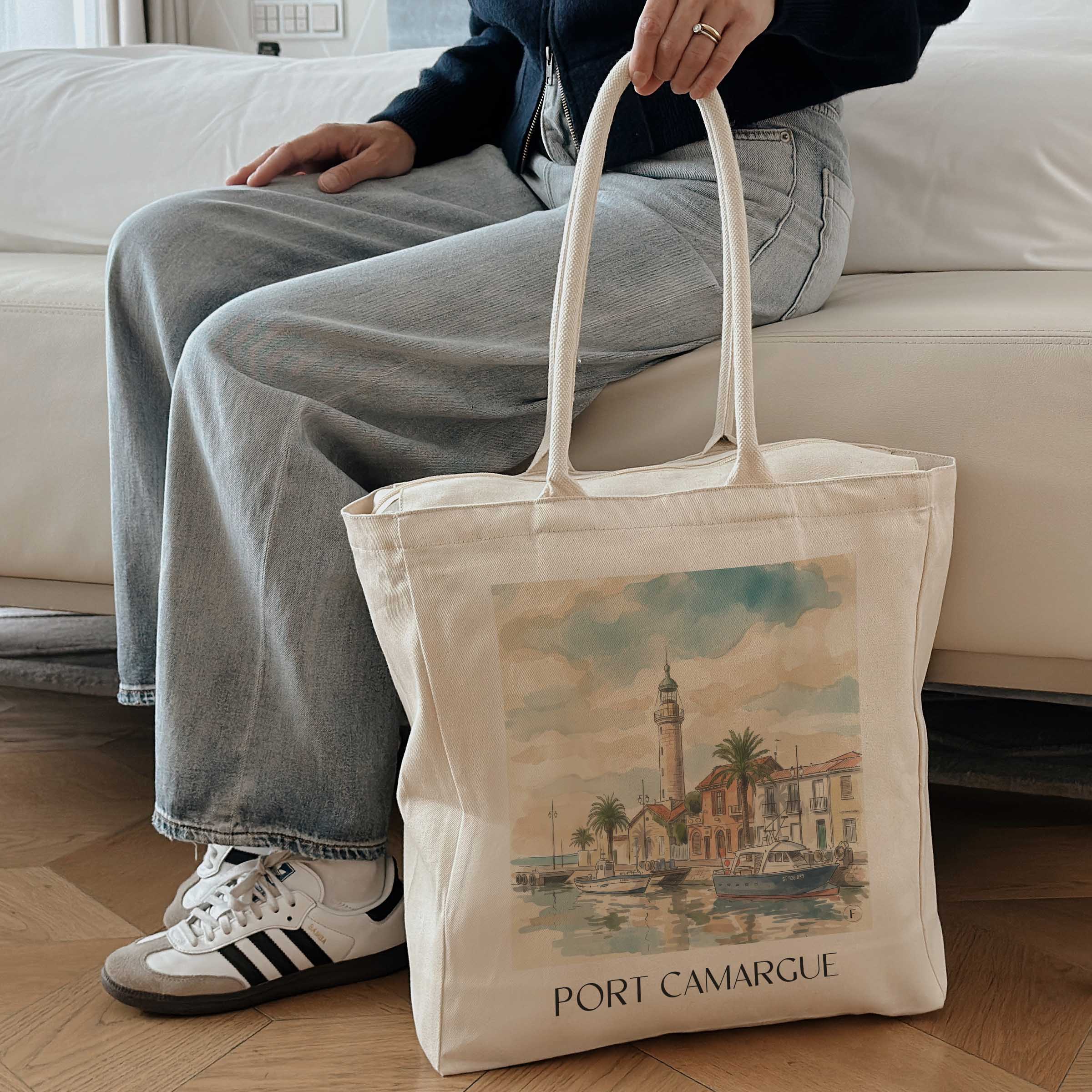 port-camargue-le-grau-du-roi-frankreich-einkaufstasche-aquarell
