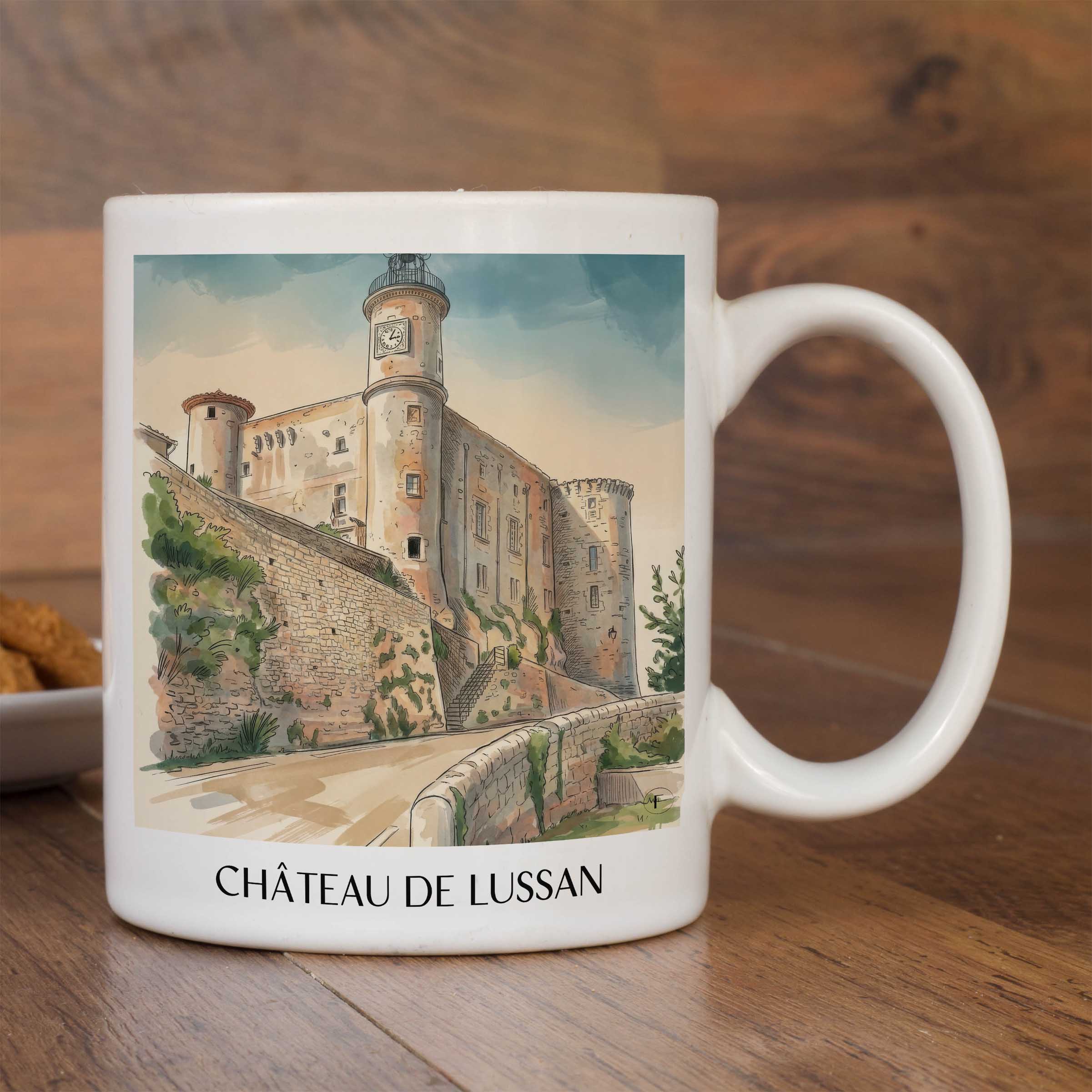 château-de-lussan-okzitanien-frankreich-kaffeebecher-aquarell