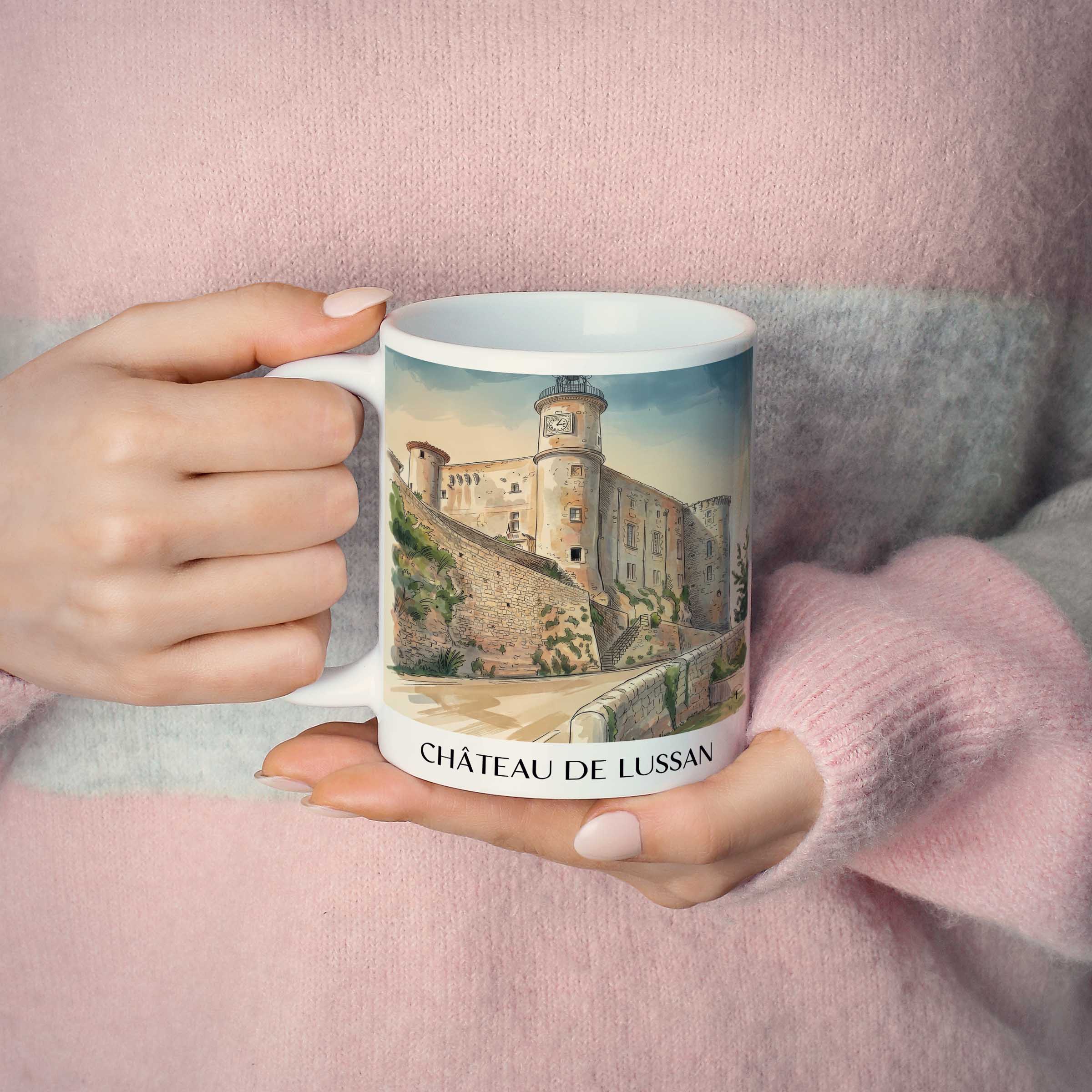 château-de-lussan-okzitanien-frankreich-kaffeebecher-aquarell
