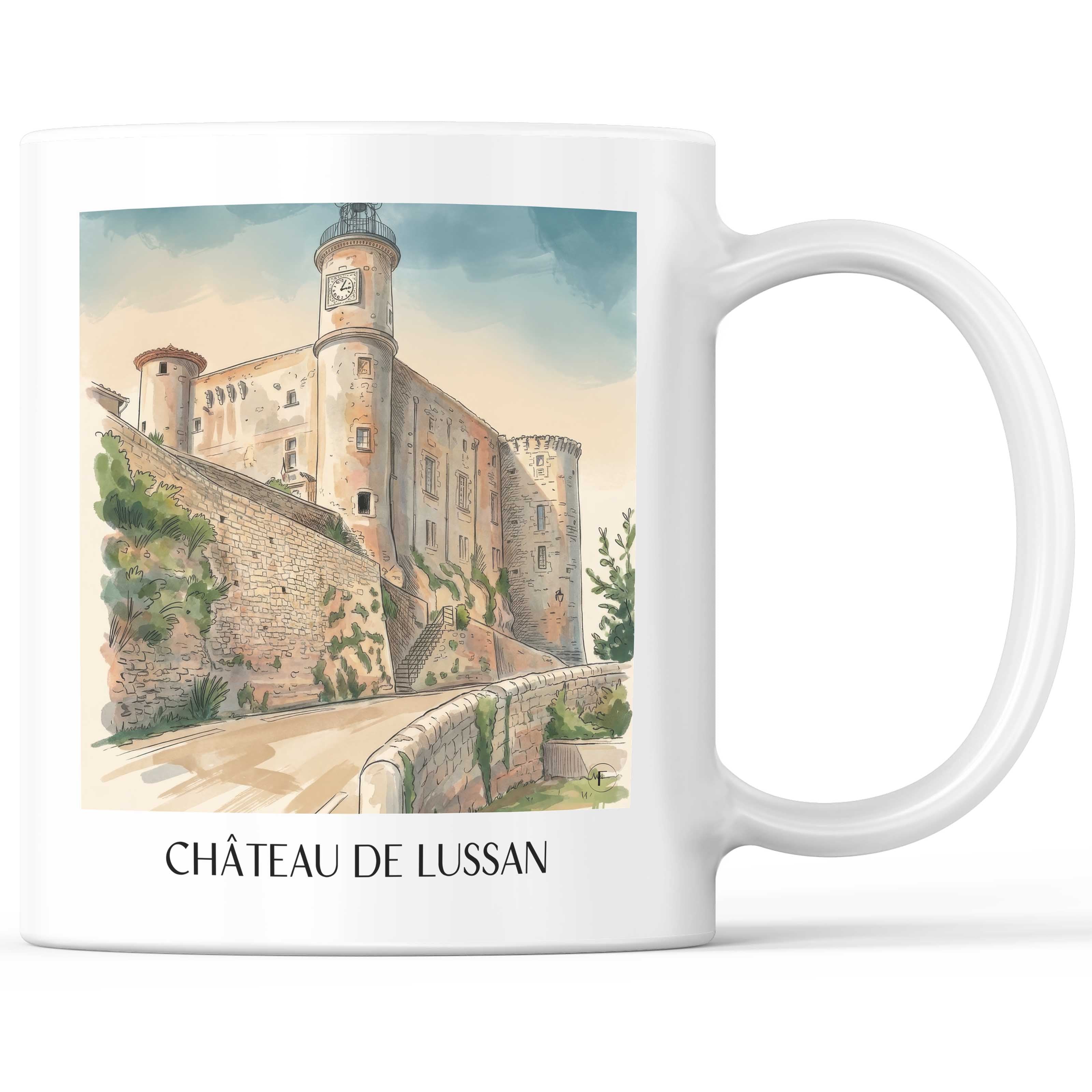 château-de-lussan-okzitanien-frankreich-kaffeebecher-aquarell