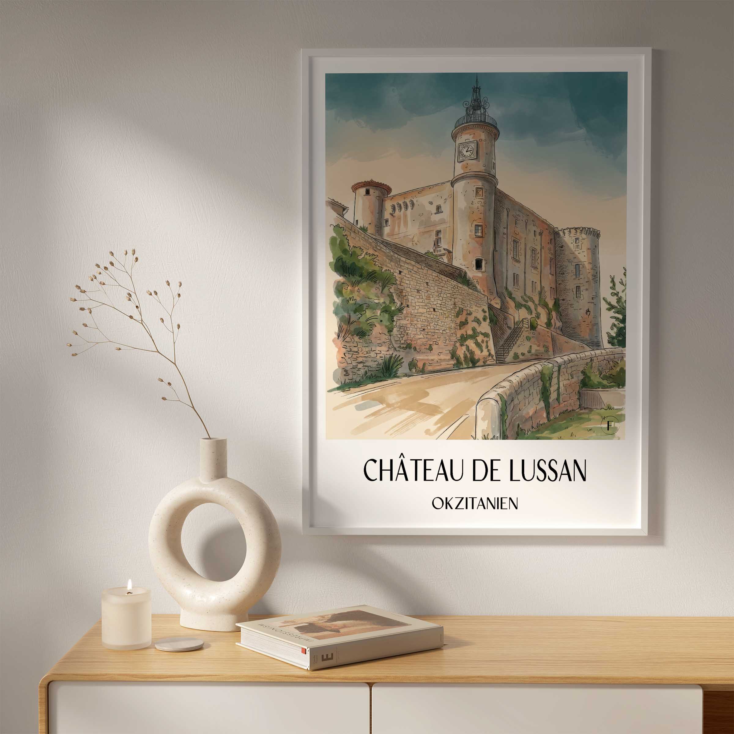 château-de-lussan-okzitanien-frankreich-poster-aquarell