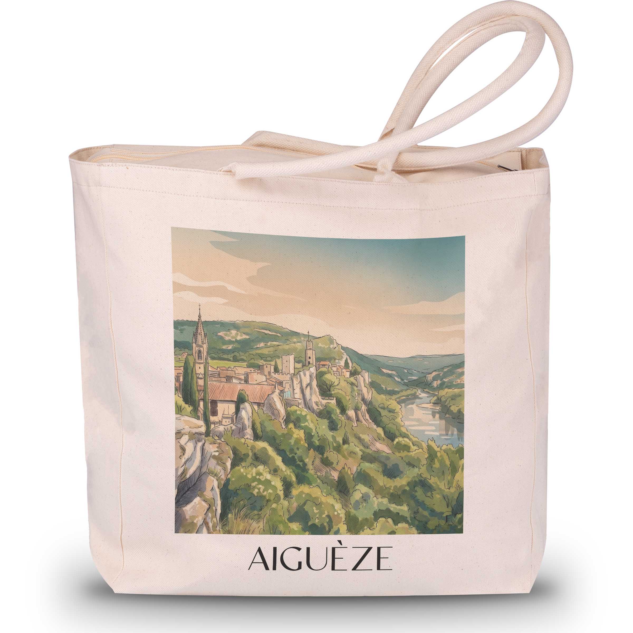 aiguèze-cèze-frankreich-einkaufstasche-aquarell