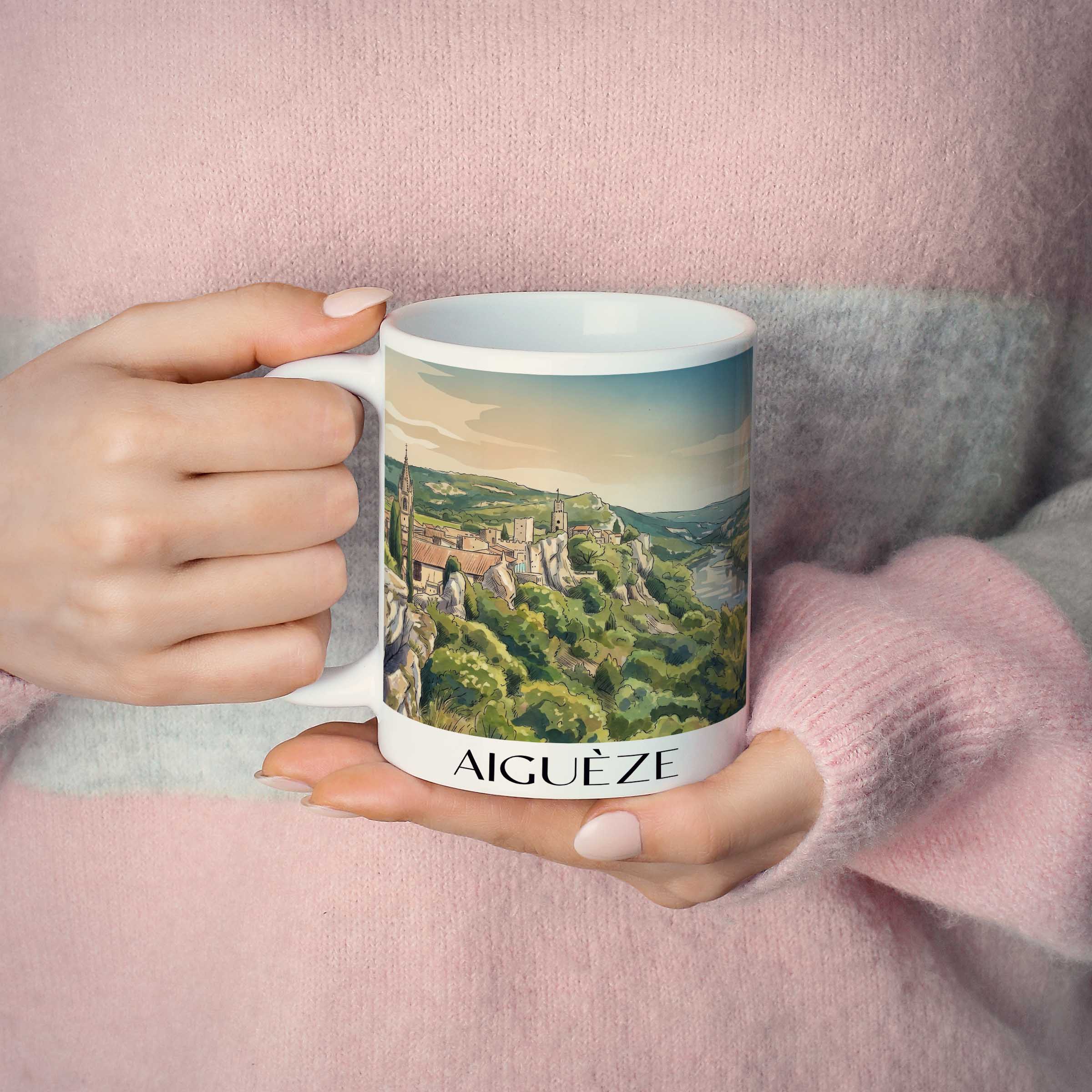 aiguèze-cèze-frankreich-kaffeebecher-aquarell