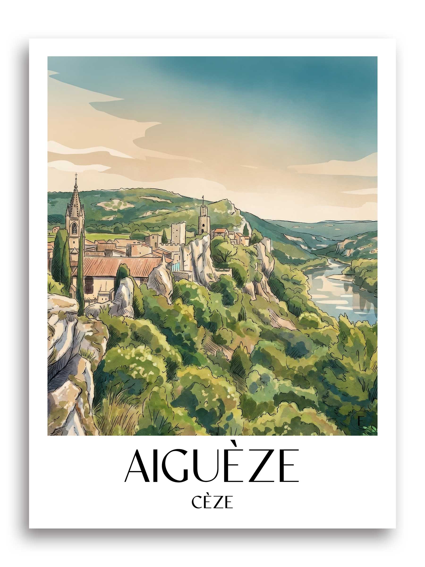 aiguèze-cèze-frankreich-poster-aquarell