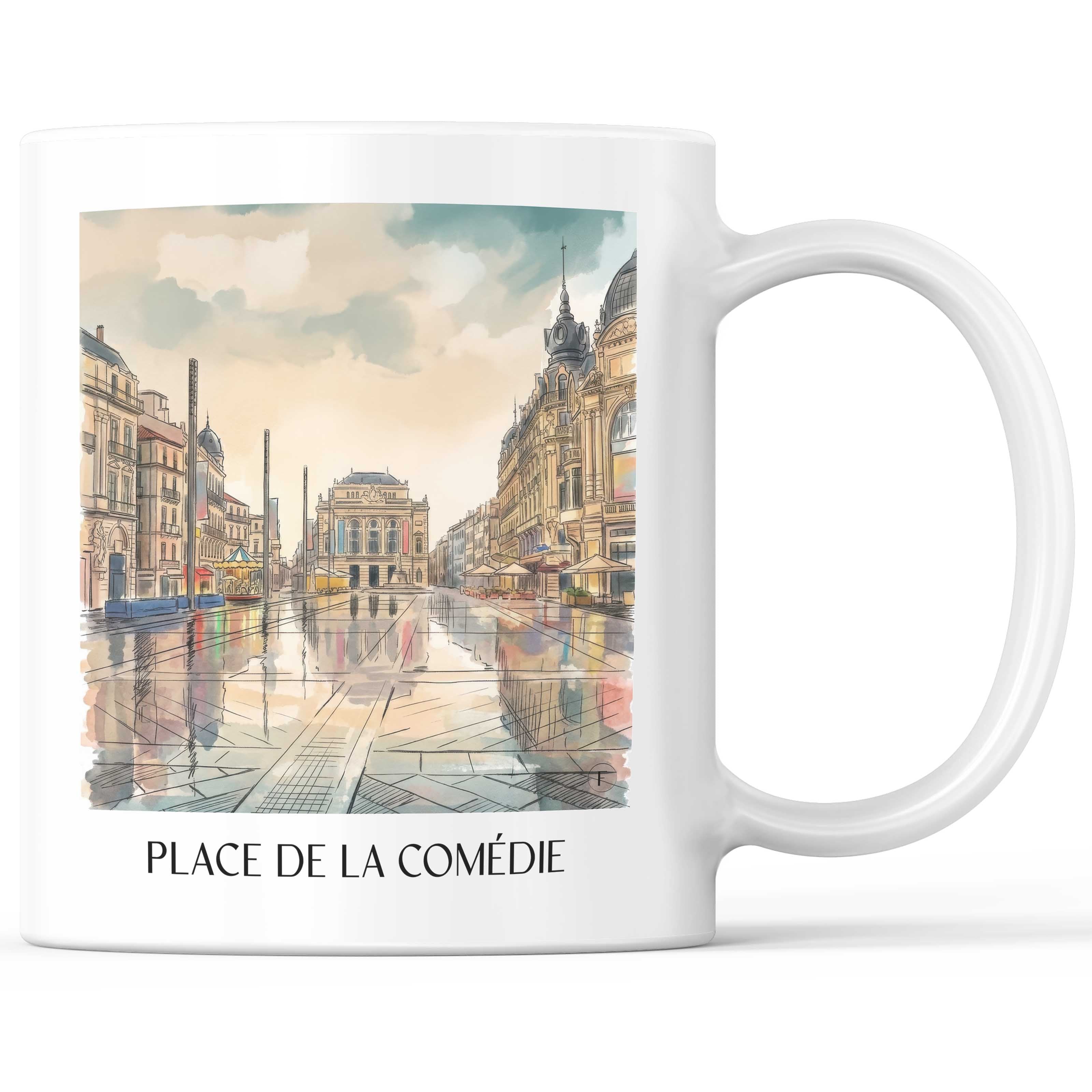 Place de la Comédie Kaffeebecher - Montpellier - Frankreich Becher - Kaffeetasse im Aquarell Stil