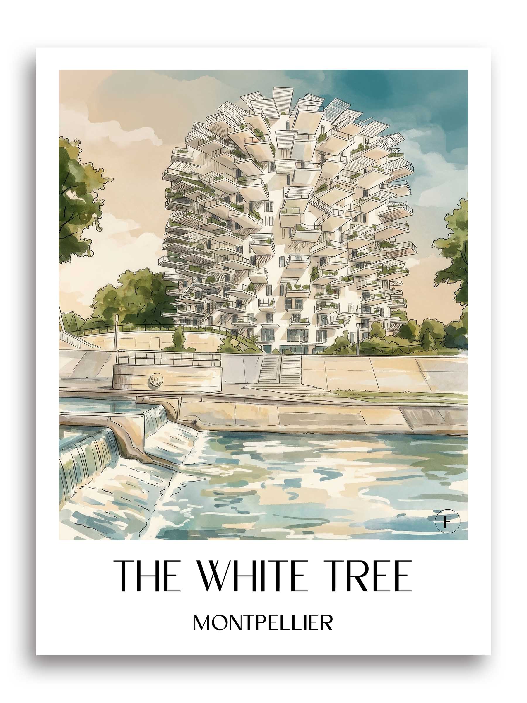 L'Arbre Blanc Poster - Montpellier - Frankreich Kunstdruck - Aquarell von A4 bis A1