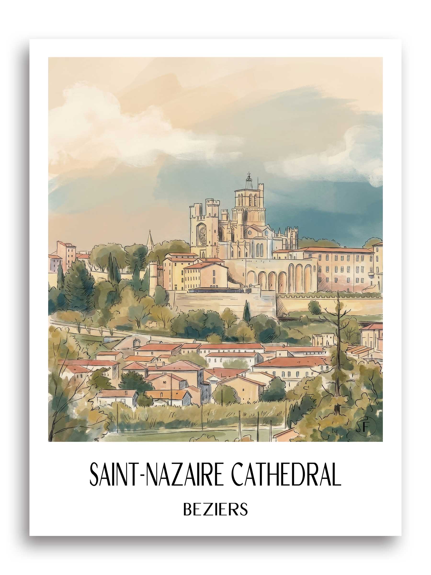 Cathédrale Saint-Nazaire Poster - Bèziers - Frankreich Kunstdruck - Aquarell von A4 bis A1