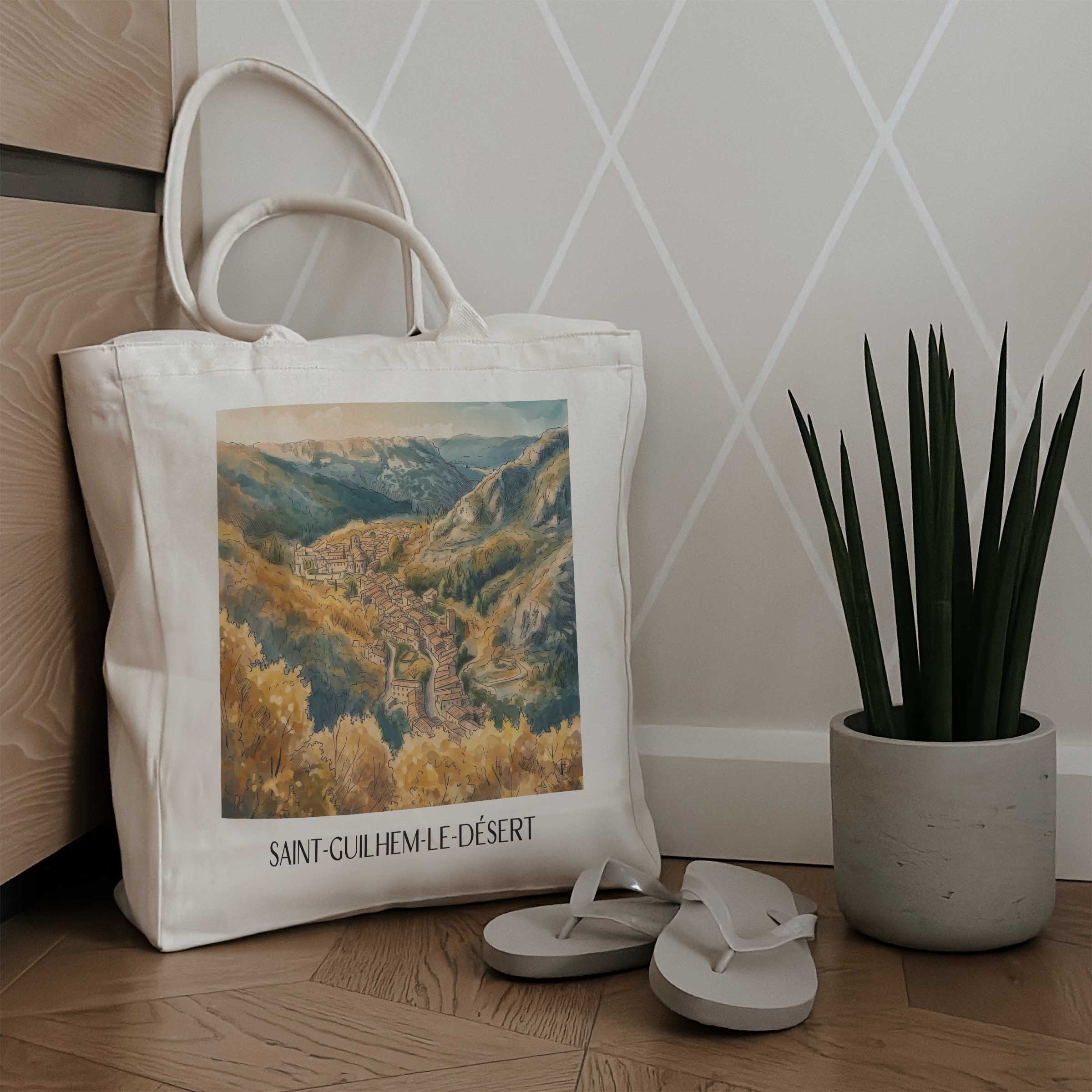 saint-guilhem-le-désert-okzitanien-frankreich-einkaufstasche-aquarell