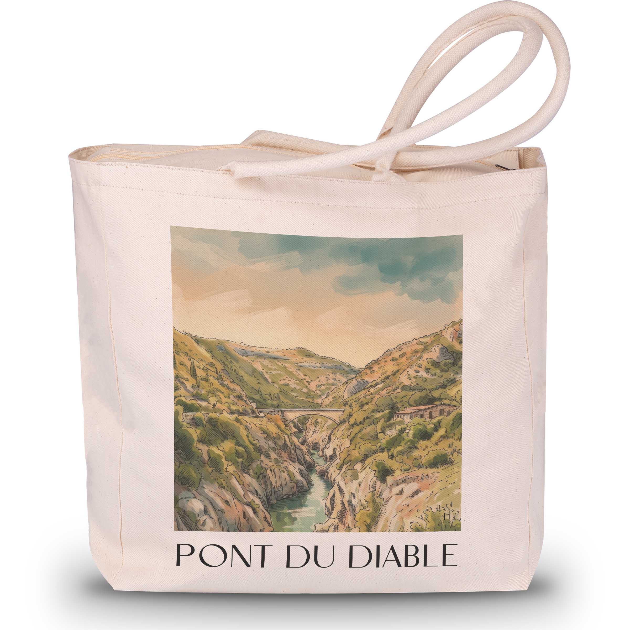 pont-du-diable-saint-guilhem-le-désert-frankreich-einkaufstasche-aquarell