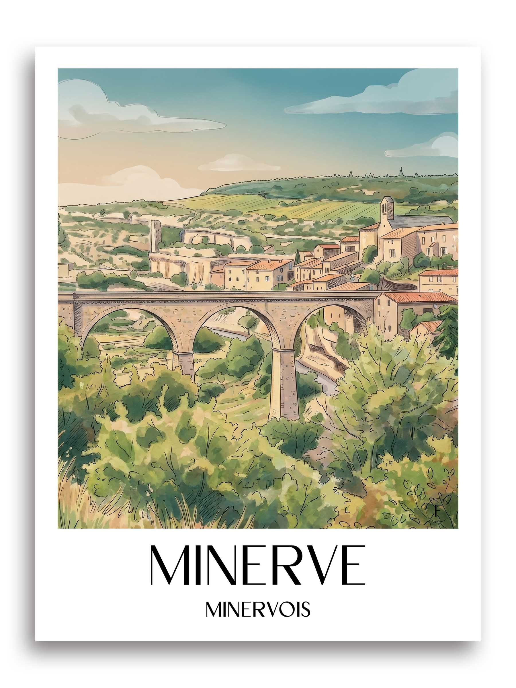 Minerve Poster - Minervois - Frankreich Kunstdruck - Aquarell von A4 bis A1