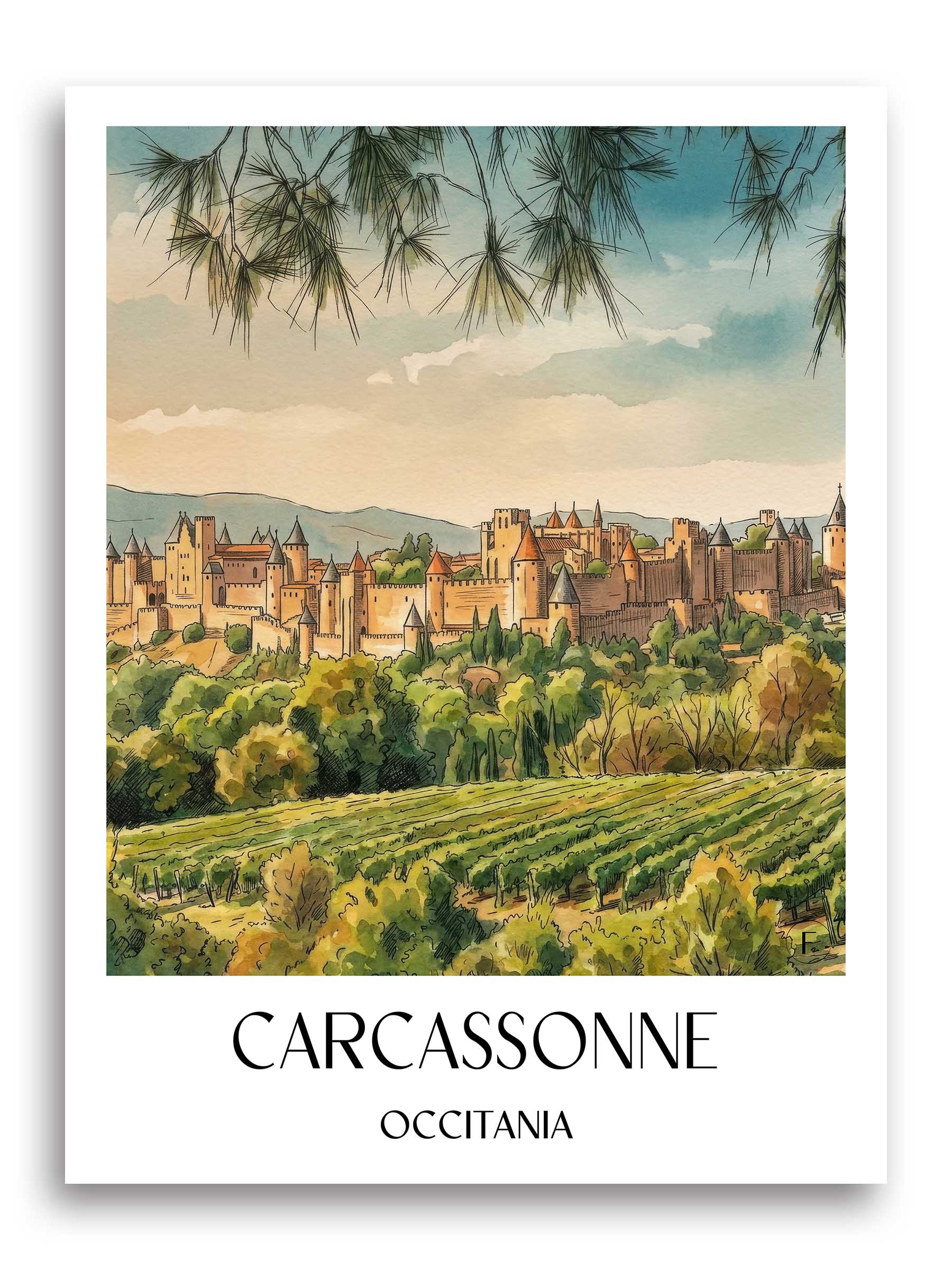 Carcassonne Poster - Okzitanien - Frankreich Kunstdruck - Aquarell von A4 bis A1