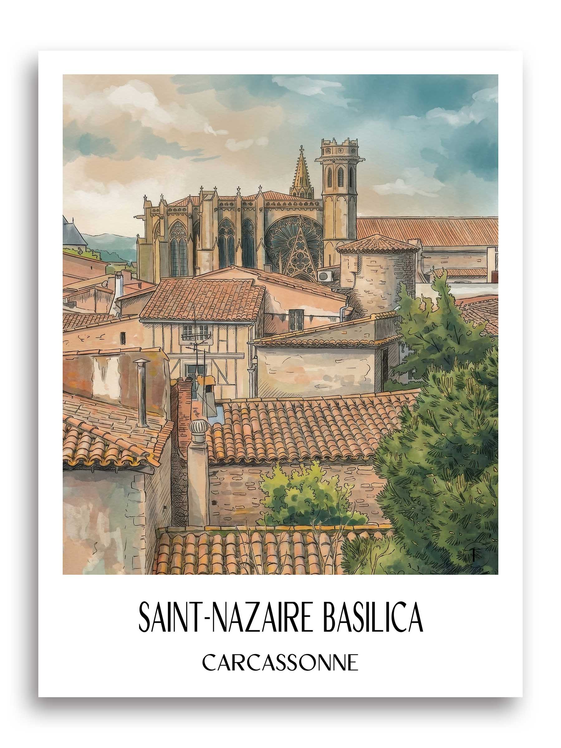 Basilique Saint-Nazaire Poster - Carcassonne - Frankreich Kunstdruck - Aquarell von A4 bis A1