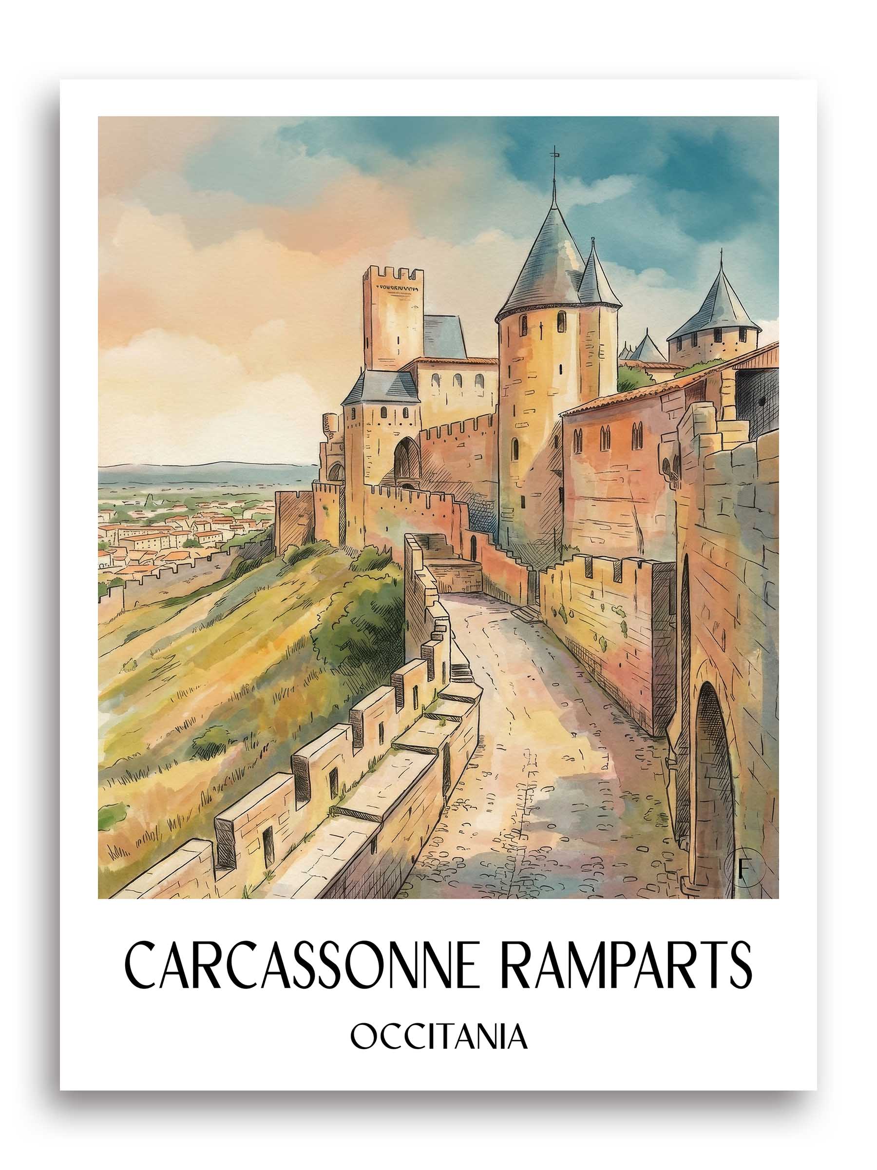 Remparts de Carcassonne Poster - Okzitanien - Frankreich Kunstdruck - Aquarell von A4 bis A1