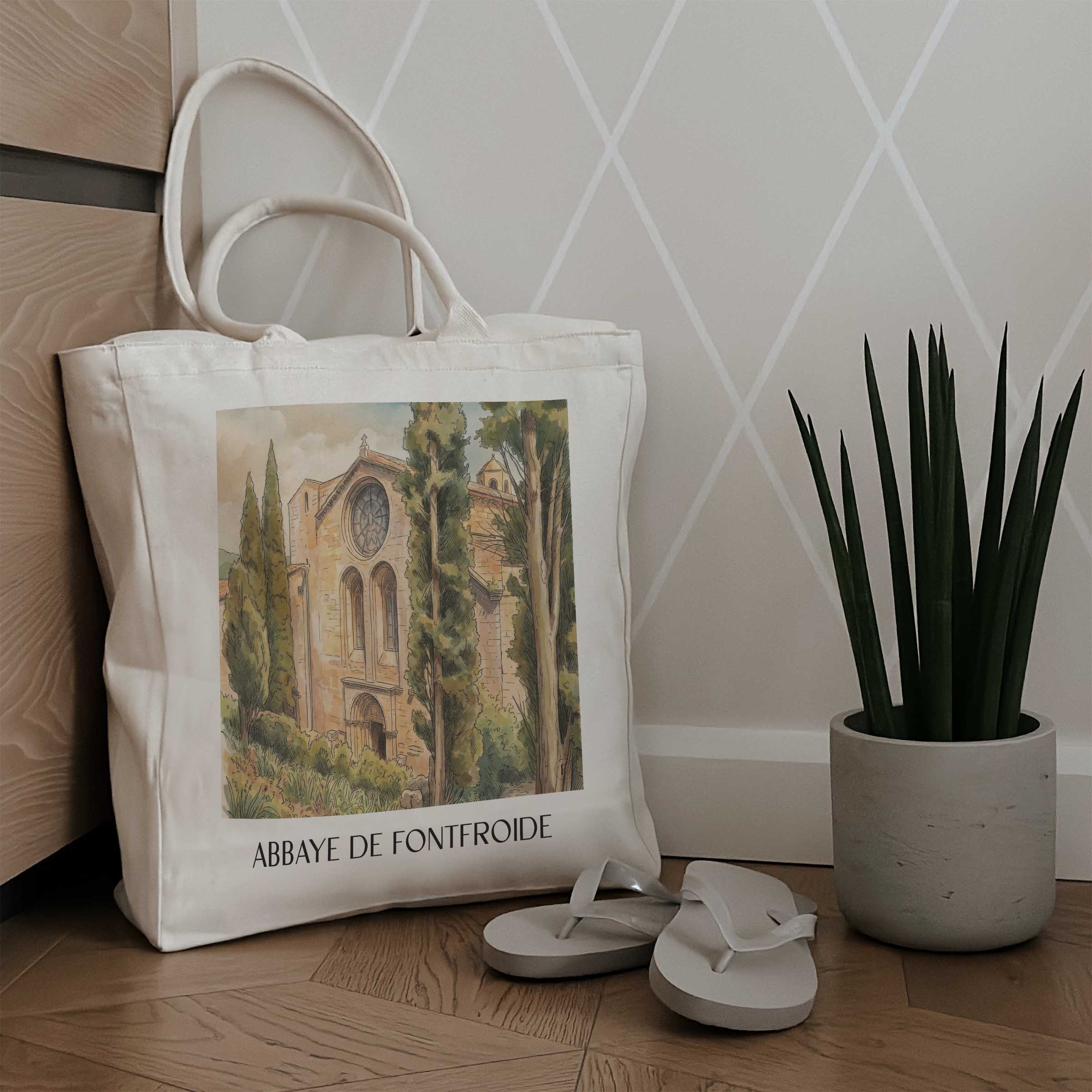 abbaye-de-fontfroide-corbières-frankreich-einkaufstasche-aquarell