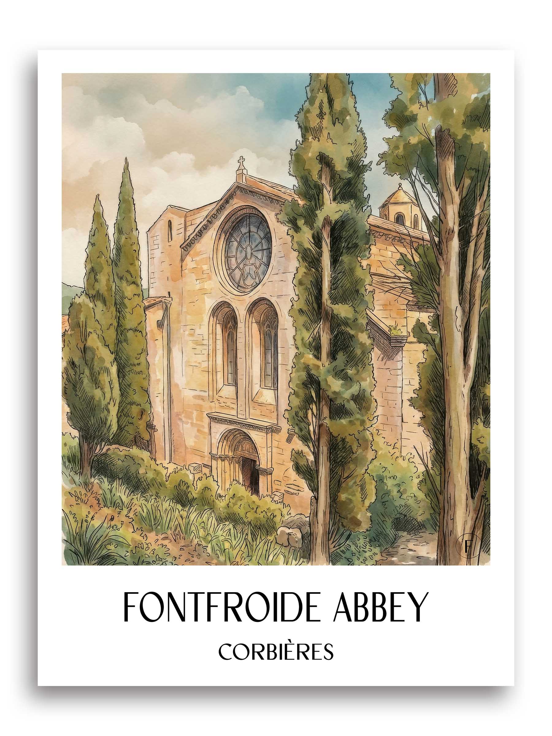 Abbaye de Fontfroide Poster - Corbières - Frankreich Kunstdruck - Aquarell von A4 bis A1