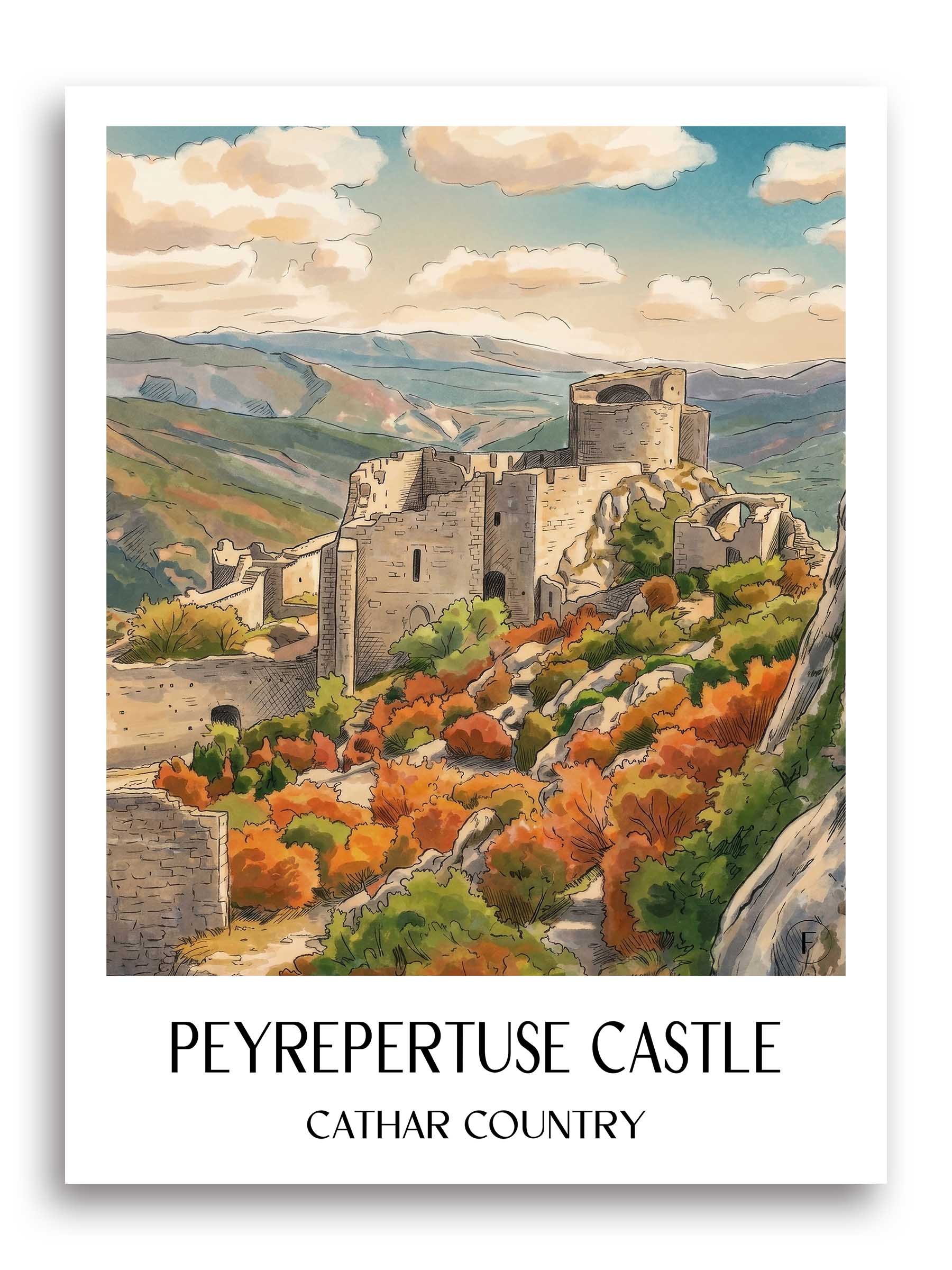 Château de Peyrepertuse Poster - Pays Cathare - Frankreich Kunstdruck - Aquarell von A4 bis A1