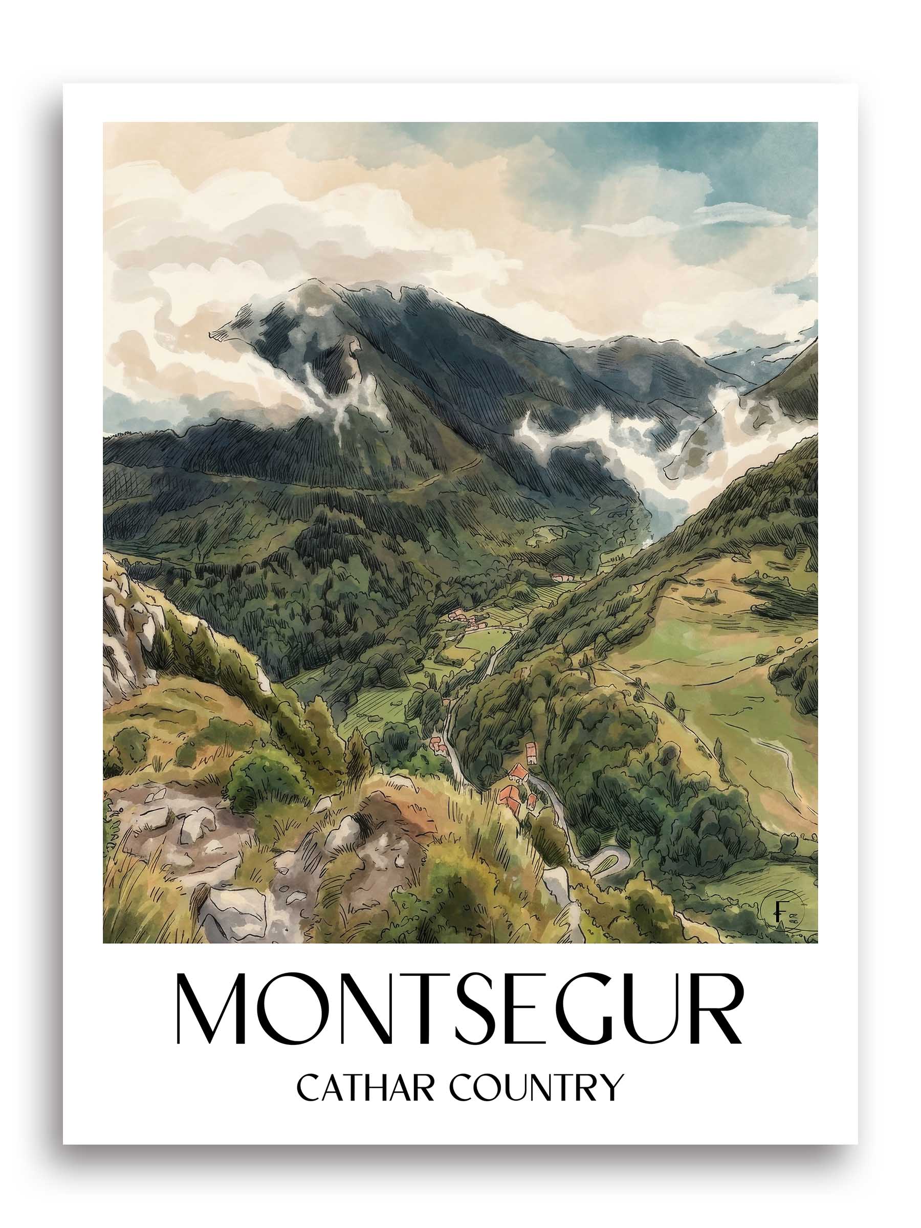 Montsegur Poster - Pays Cathare - Frankreich Kunstdruck - Aquarell von A4 bis A1