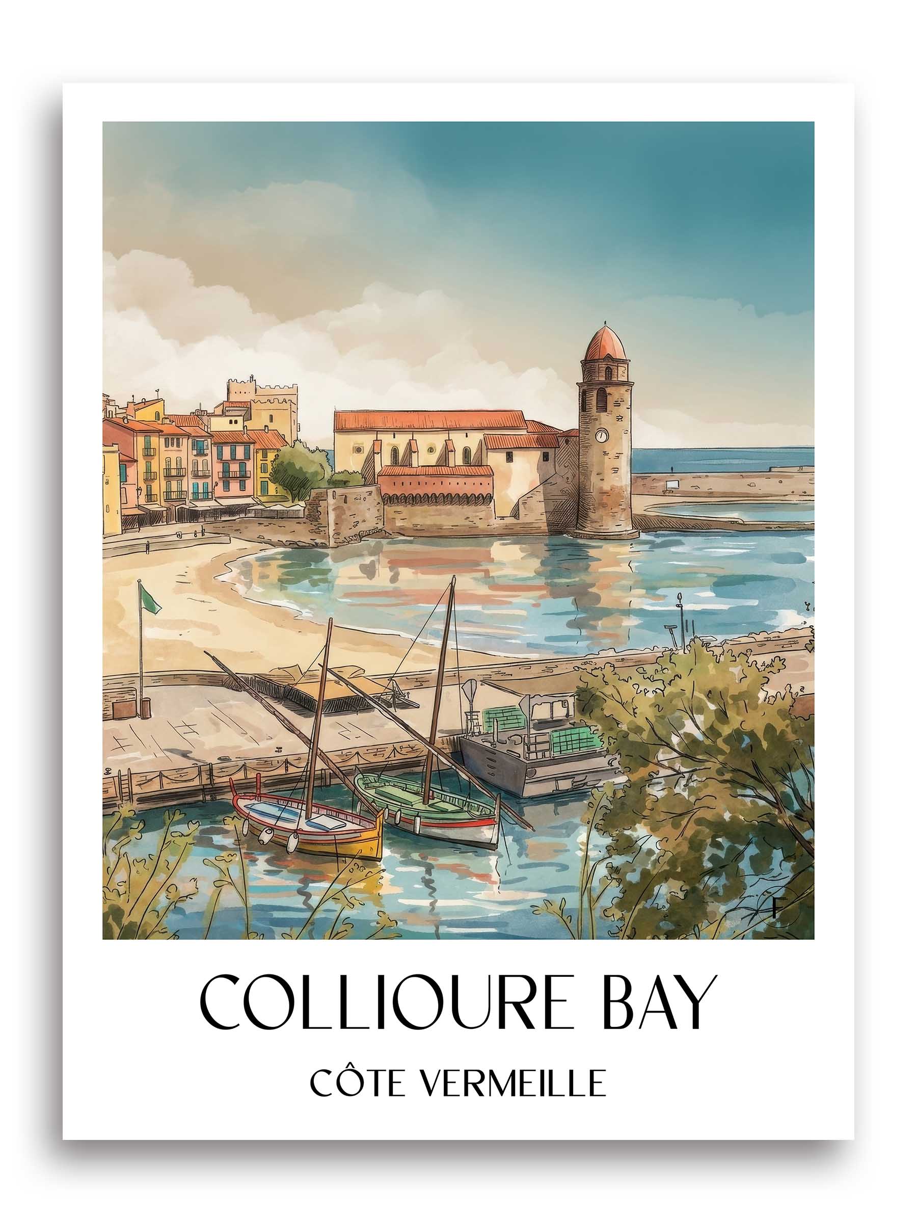 Baie de Collioure Poster - Côte Vermeille - Frankreich Kunstdruck - Aquarell von A4 bis A1