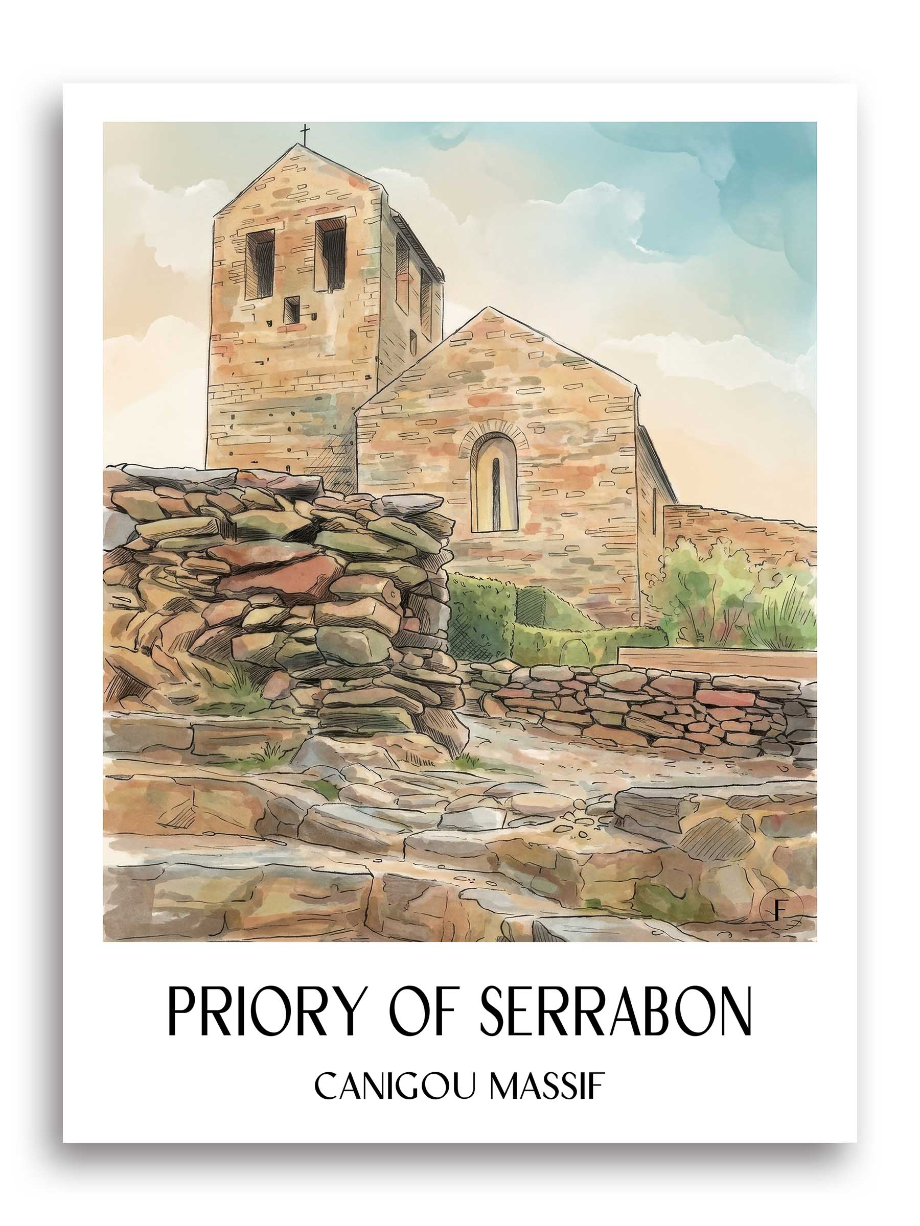 Prieuré de Serrabon Poster - Massif du Canigou - Frankreich Kunstdruck - Aquarell von A4 bis A1