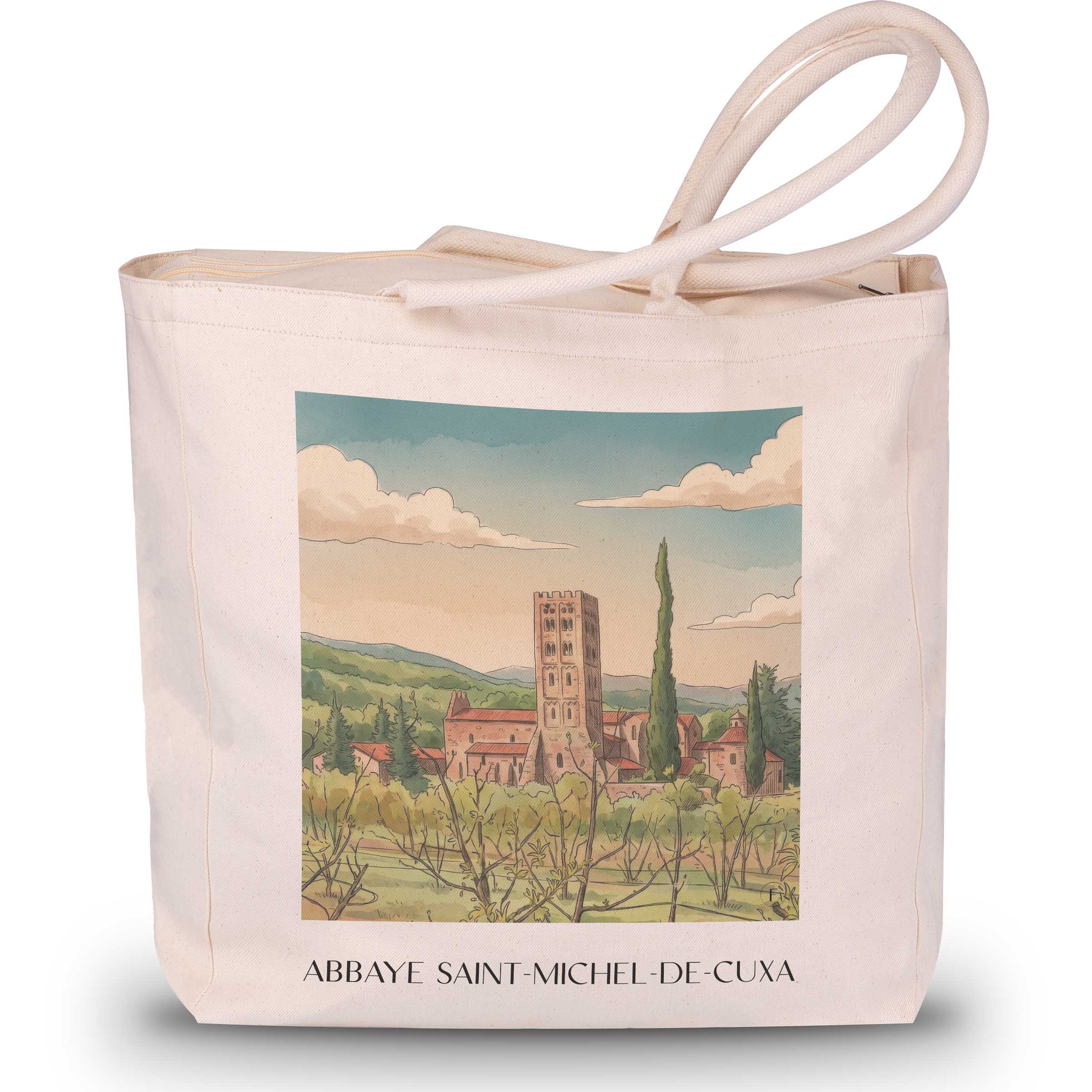 abbaye-saint-michel-de-cuxa-prades-frankreich-einkaufstasche-aquarell