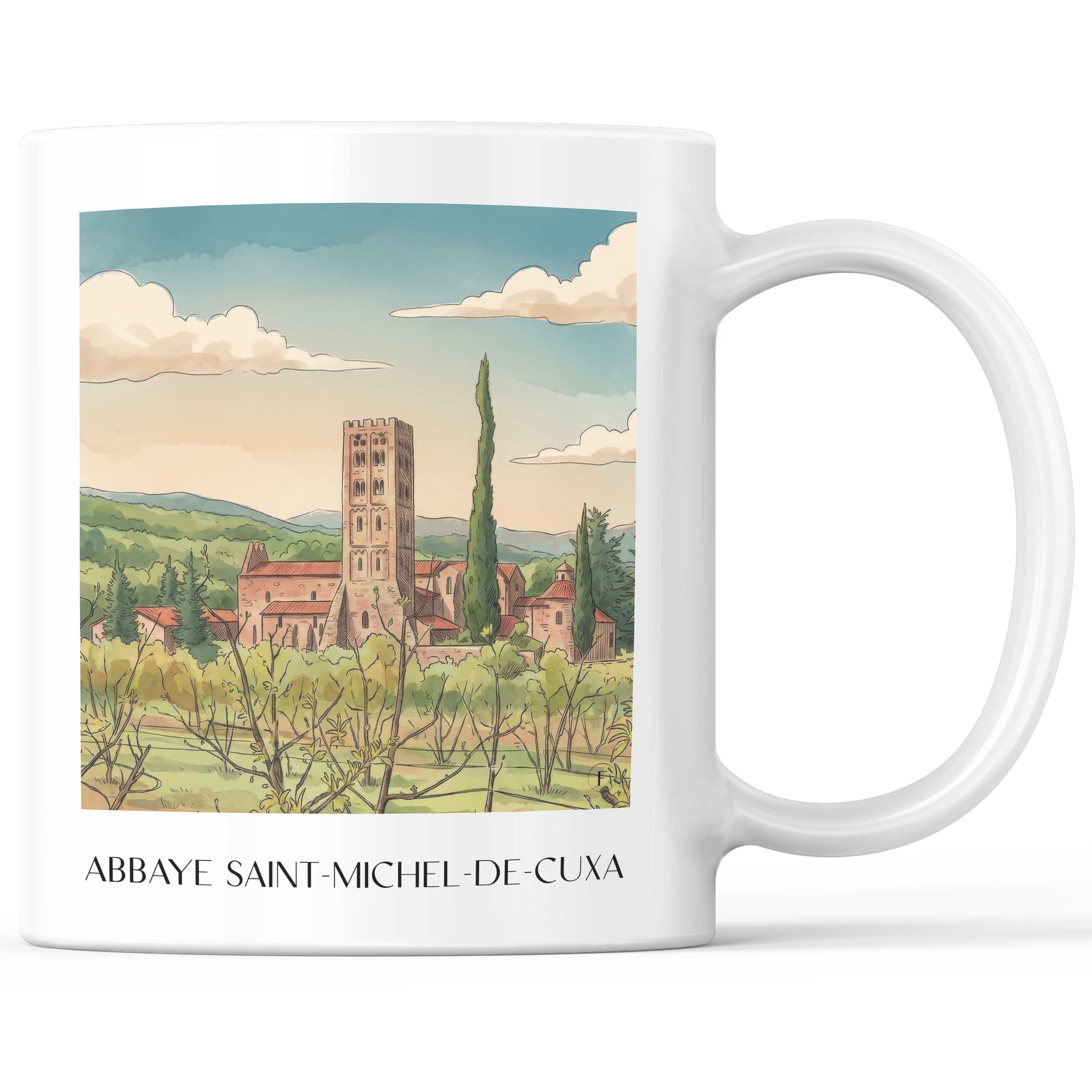 abbaye-saint-michel-de-cuxa-prades-frankreich-kaffeebecher-aquarell