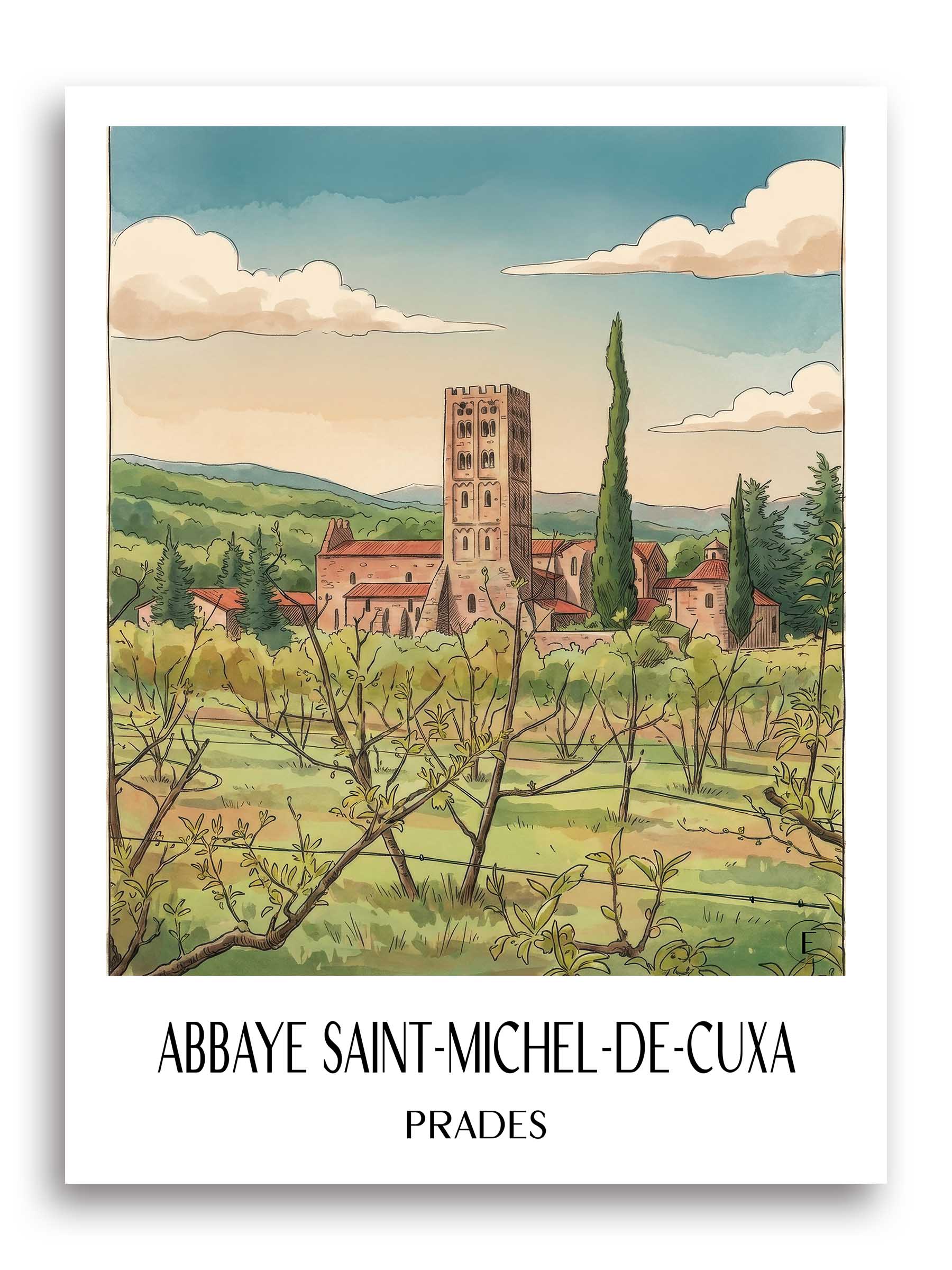 abbaye-saint-michel-de-cuxa-prades-frankreich-poster-aquarell
