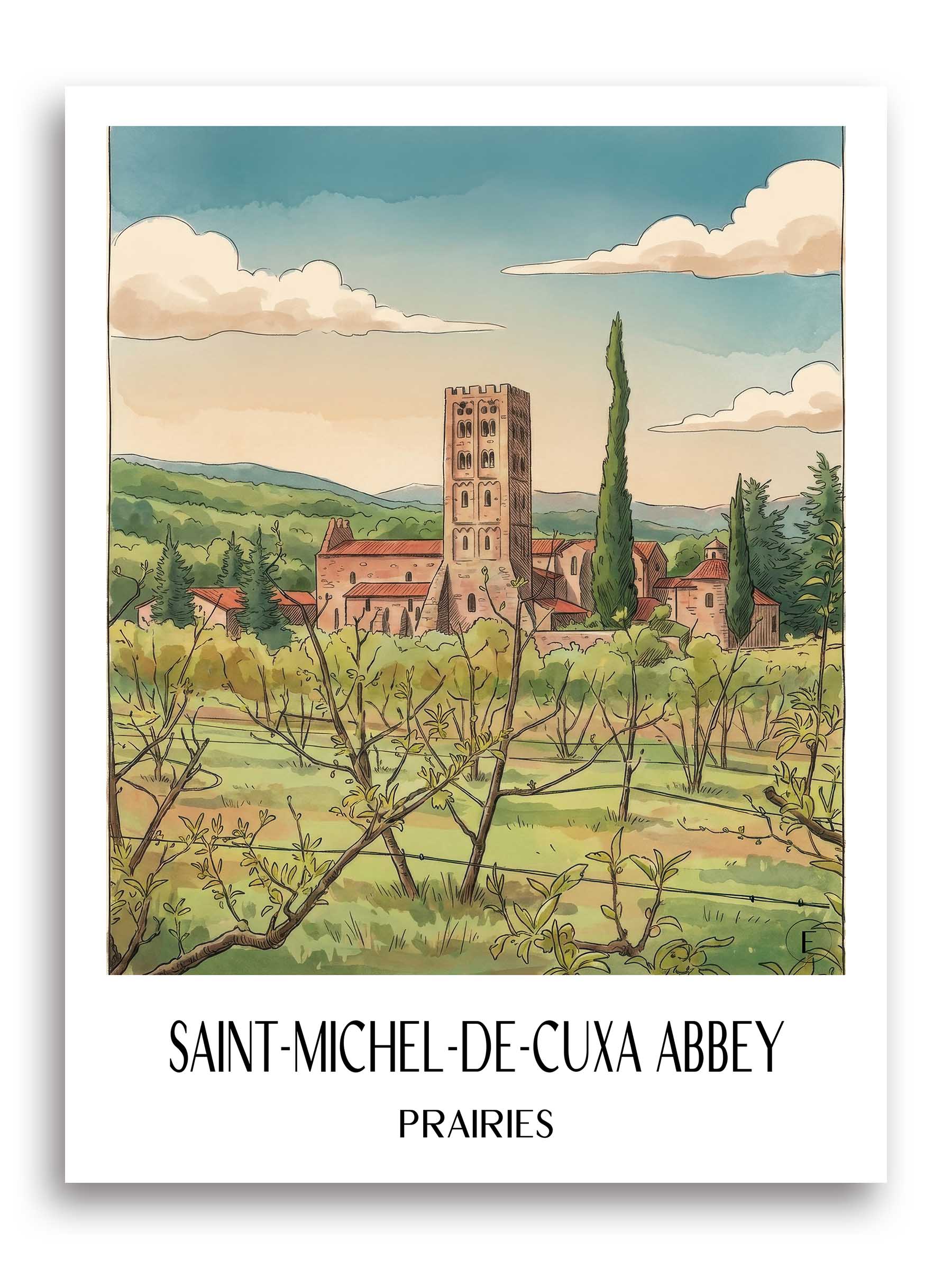 Abbaye Saint-Michel-de-Cuxa Poster - Prades - Frankreich Kunstdruck - Aquarell von A4 bis A1