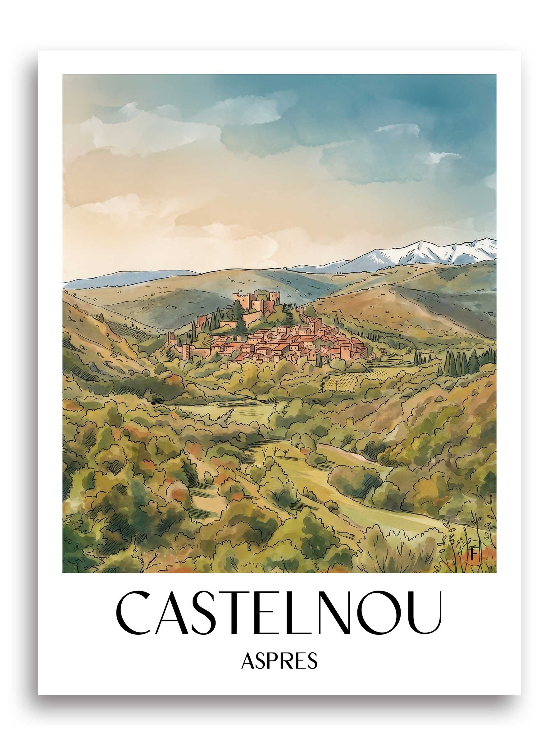 Castelnou Poster - Aspres - Frankreich Kunstdruck - Aquarell von A4 bis A1