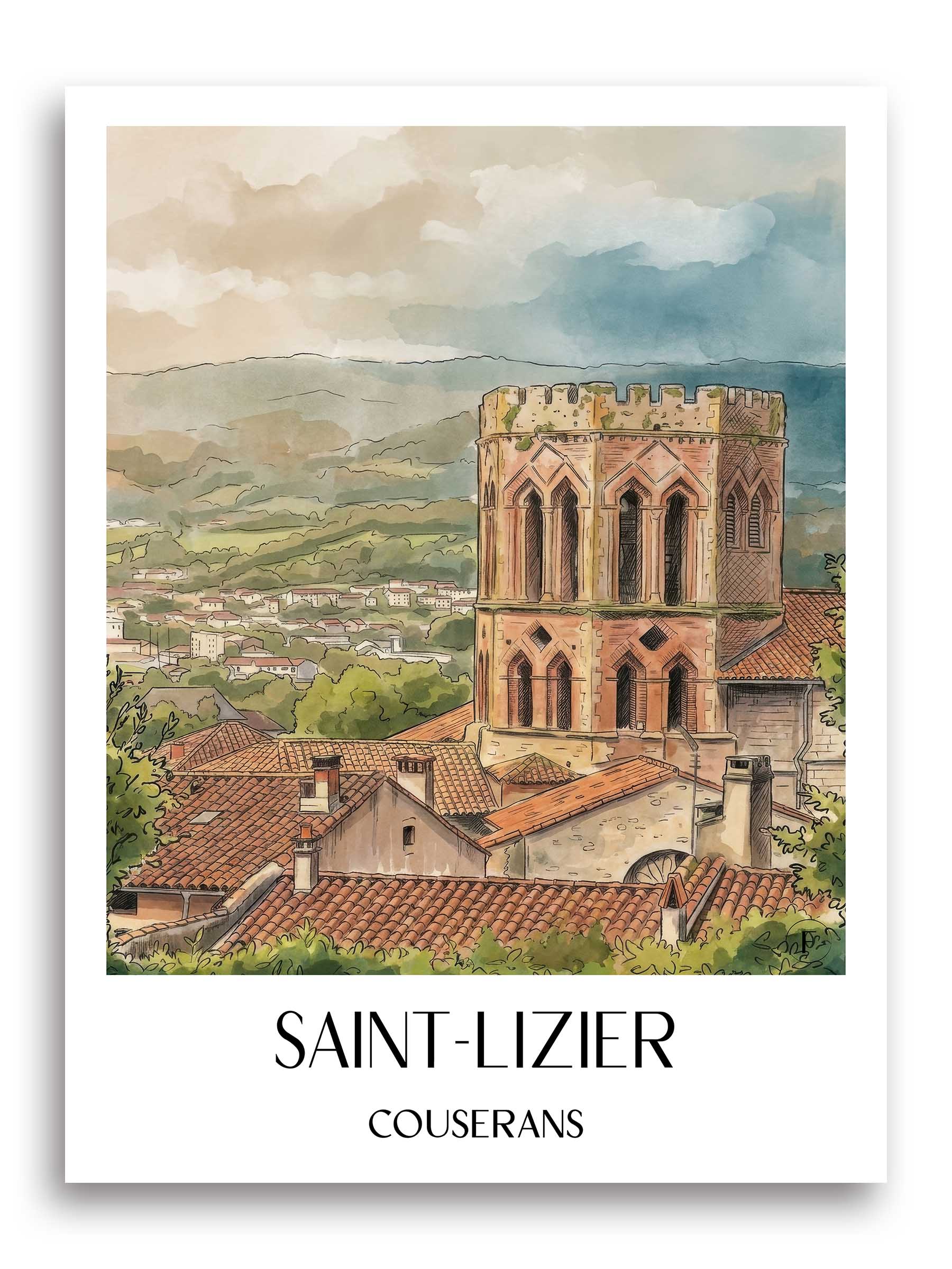 Saint-Lizier Poster - Couserans - Frankreich Kunstdruck - Aquarell von A4 bis A1