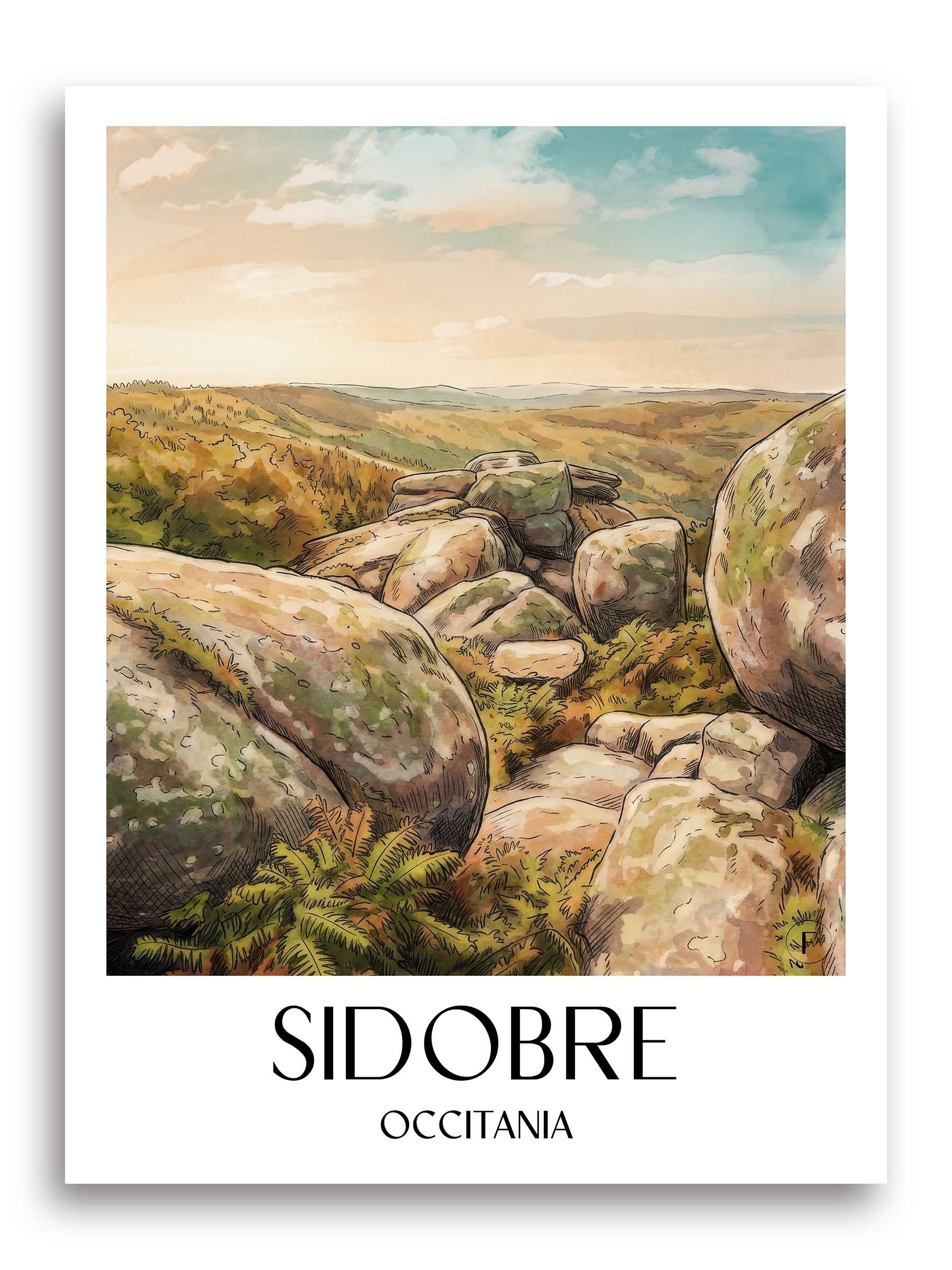 Sidobre Poster - Okzitanien - Frankreich Kunstdruck - Aquarell von A4 bis A1