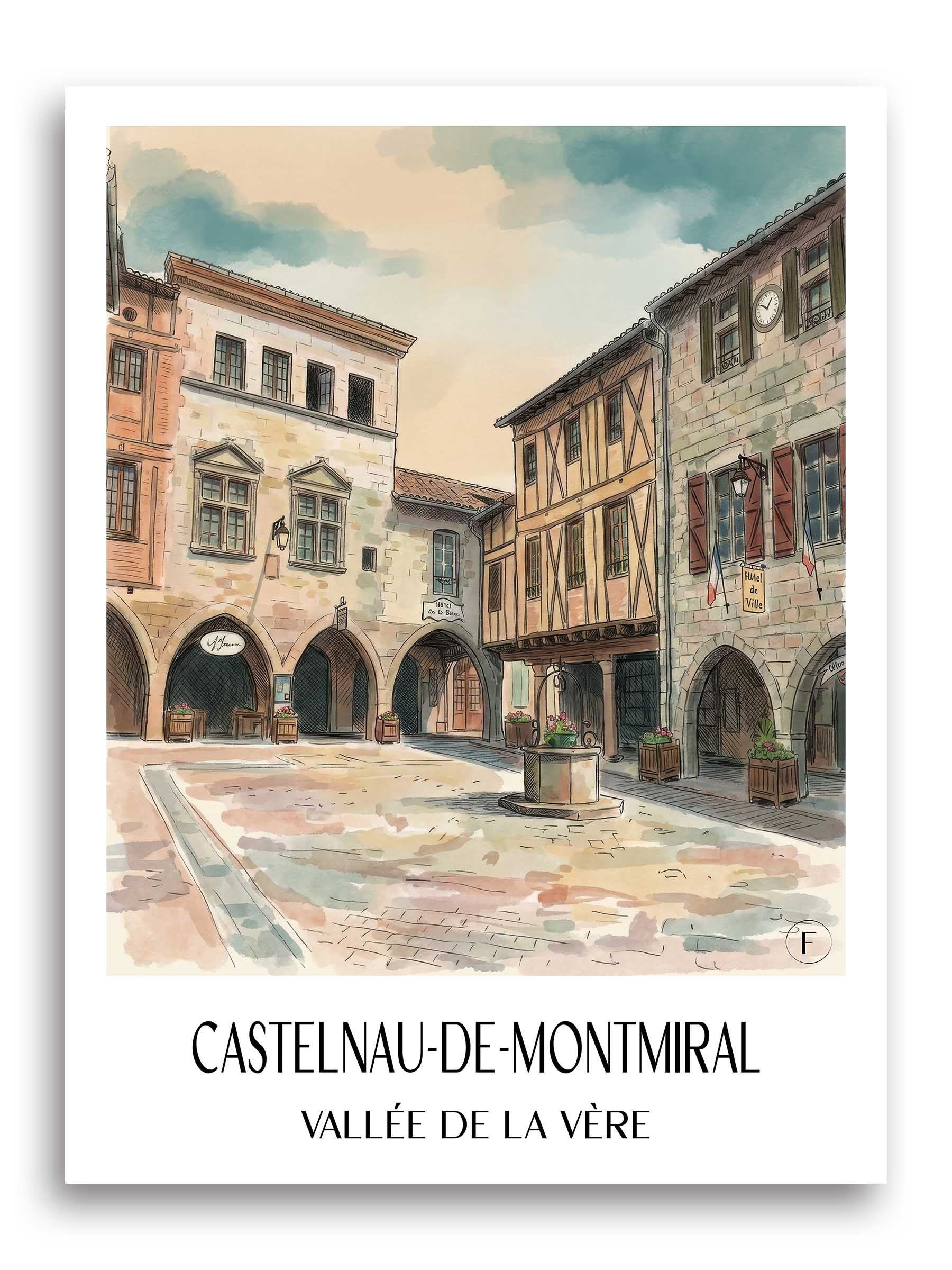 castelnau-de-montmiral--vallée-de-la-vère-frankreich-poster-aquarell