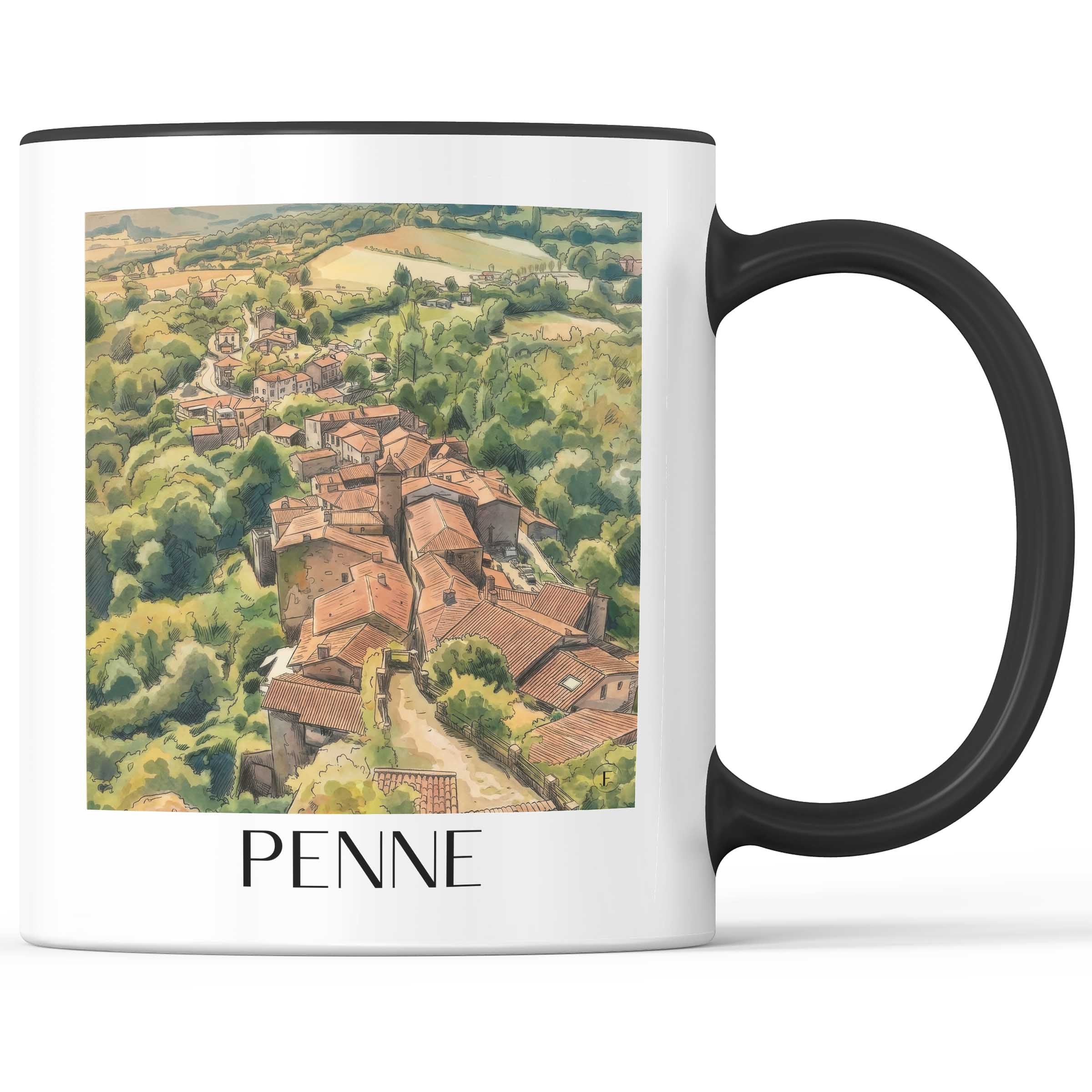 Penne Kaffeebecher - Vallée de l'Aveyron - Frankreich Becher - Kaffeetasse im Aquarell Stil
