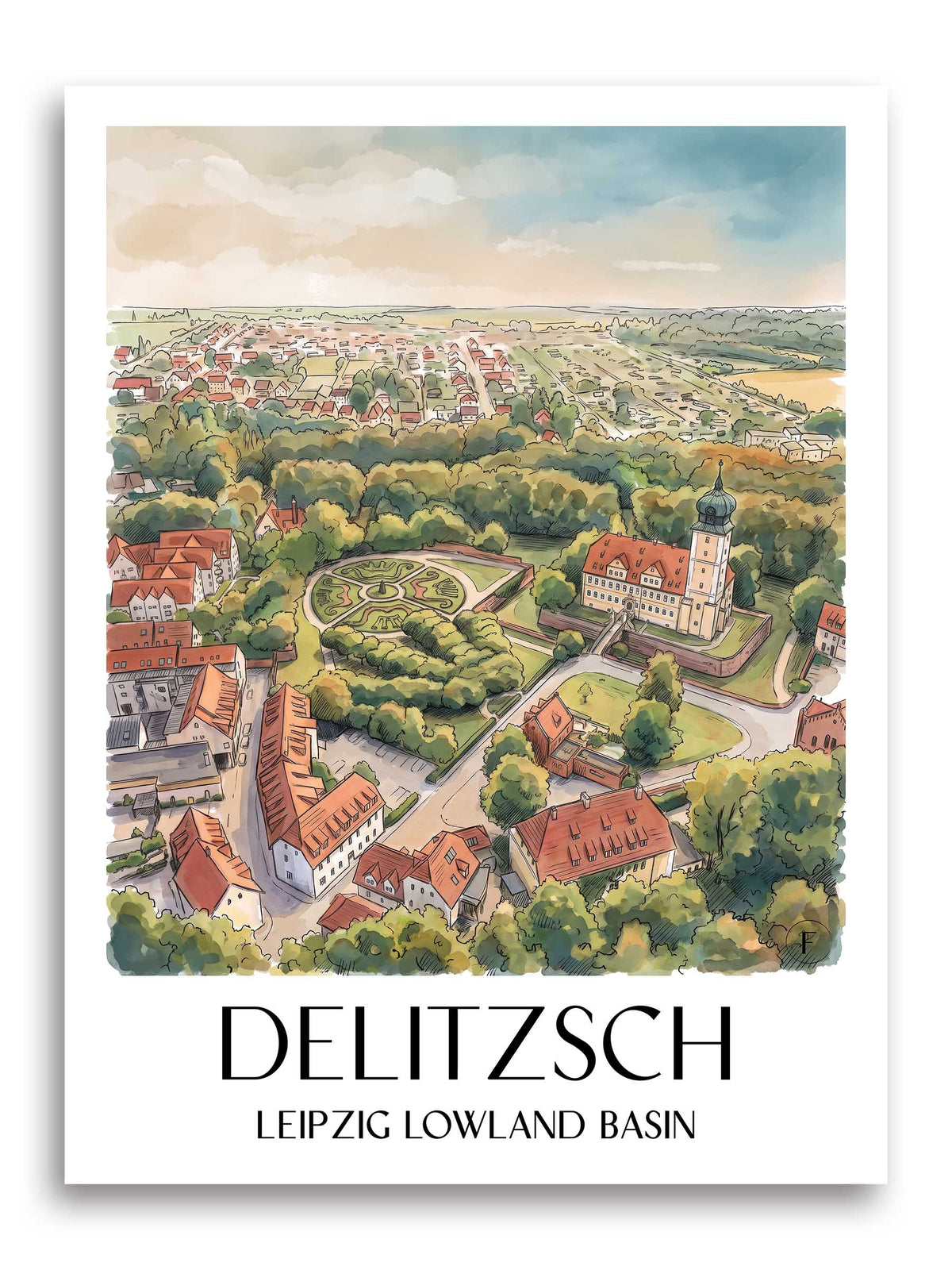 Delitzsch Poster - Leipziger Tieflandsbucht - Deutschland Kunstdruck - Aquarell von A4 bis A1