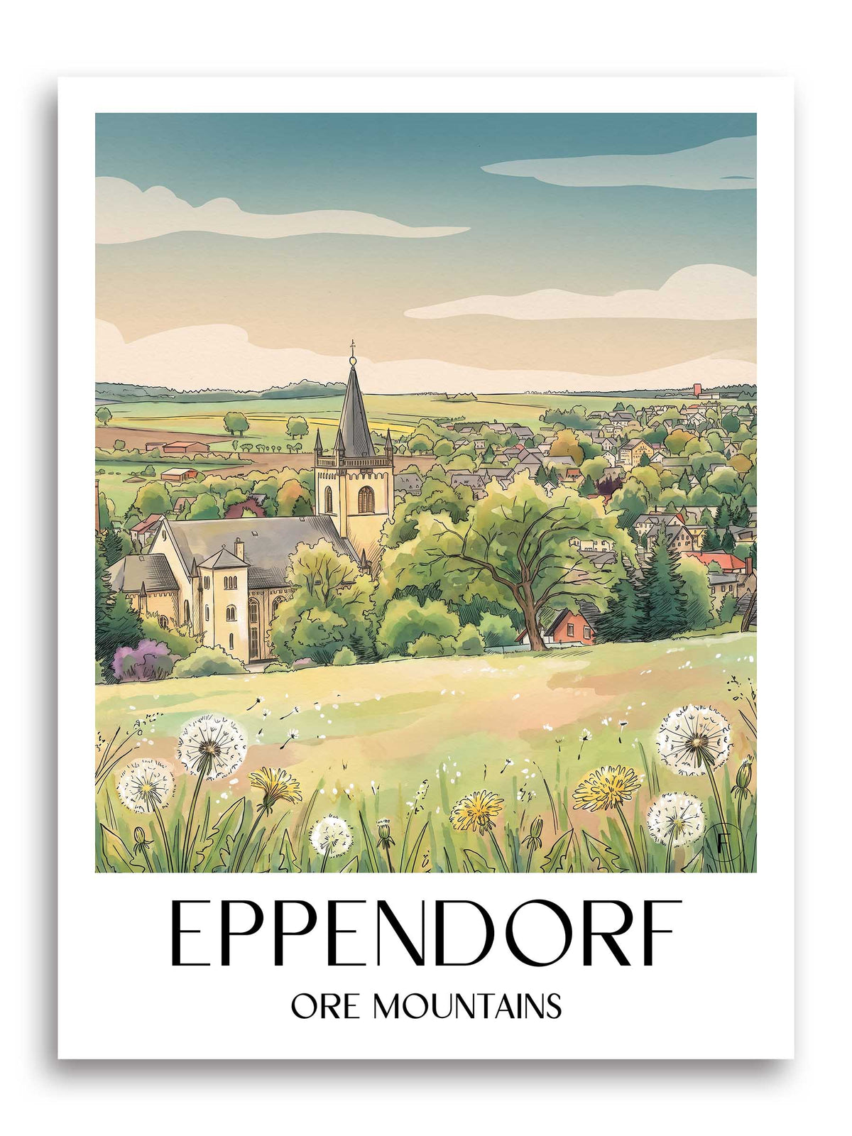 Eppendorf Poster - Erzgebirge - Deutschland Kunstdruck - Aquarell von A4 bis A1