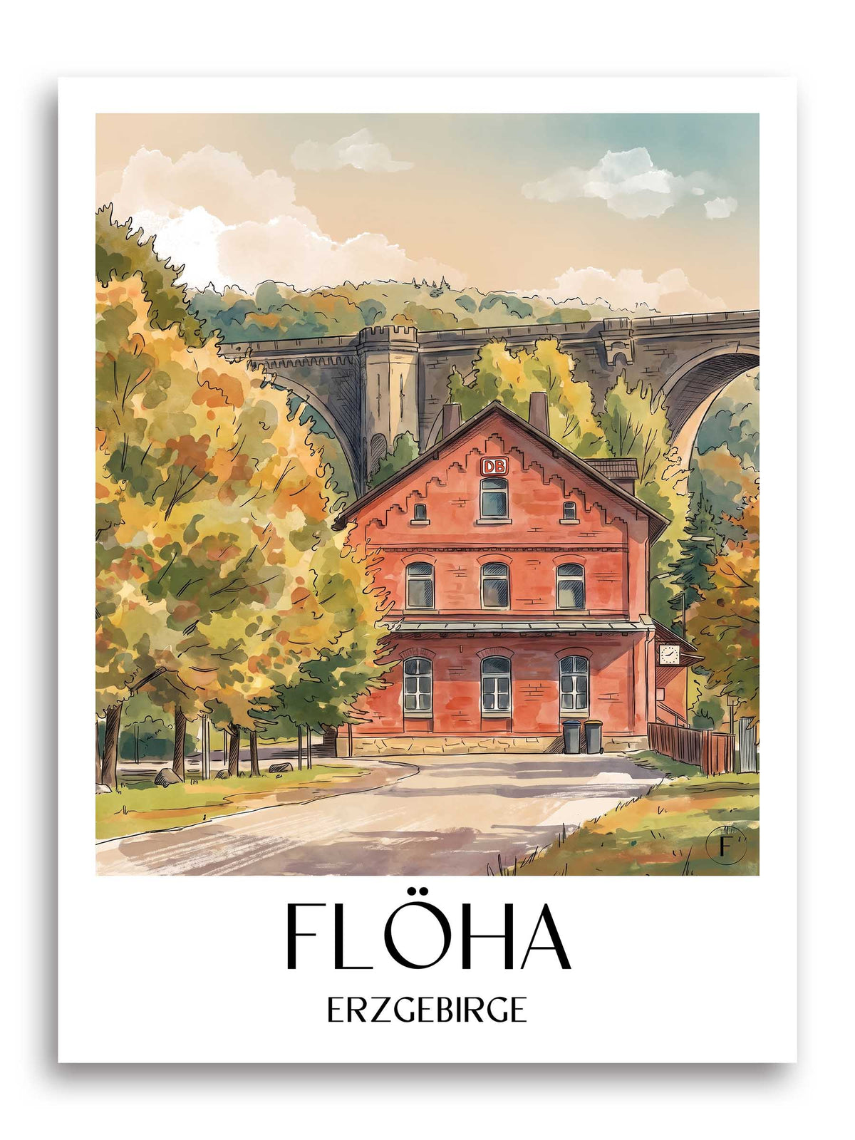 Flöha Poster - Erzgebirgsvorland - Deutschland Kunstdruck - Aquarell von A4 bis A1
