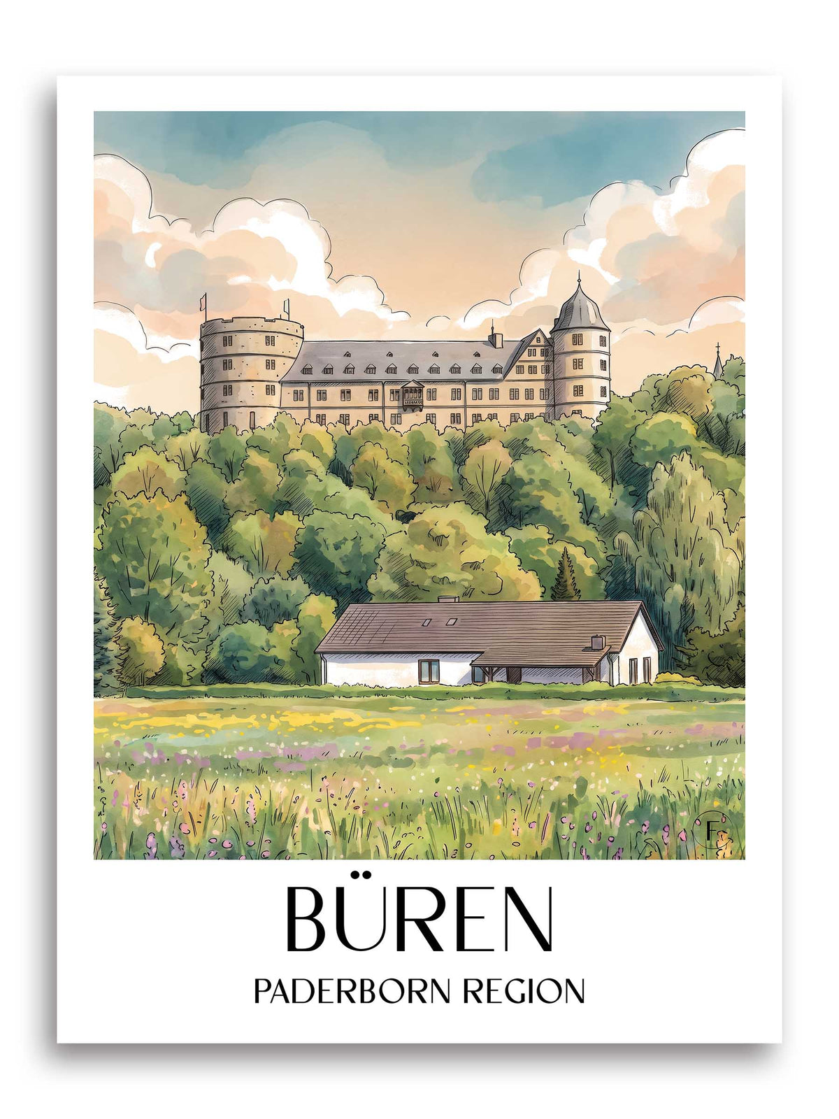 Büren Poster - Paderborner Land - Deutschland Kunstdruck - Aquarell von A4 bis A1