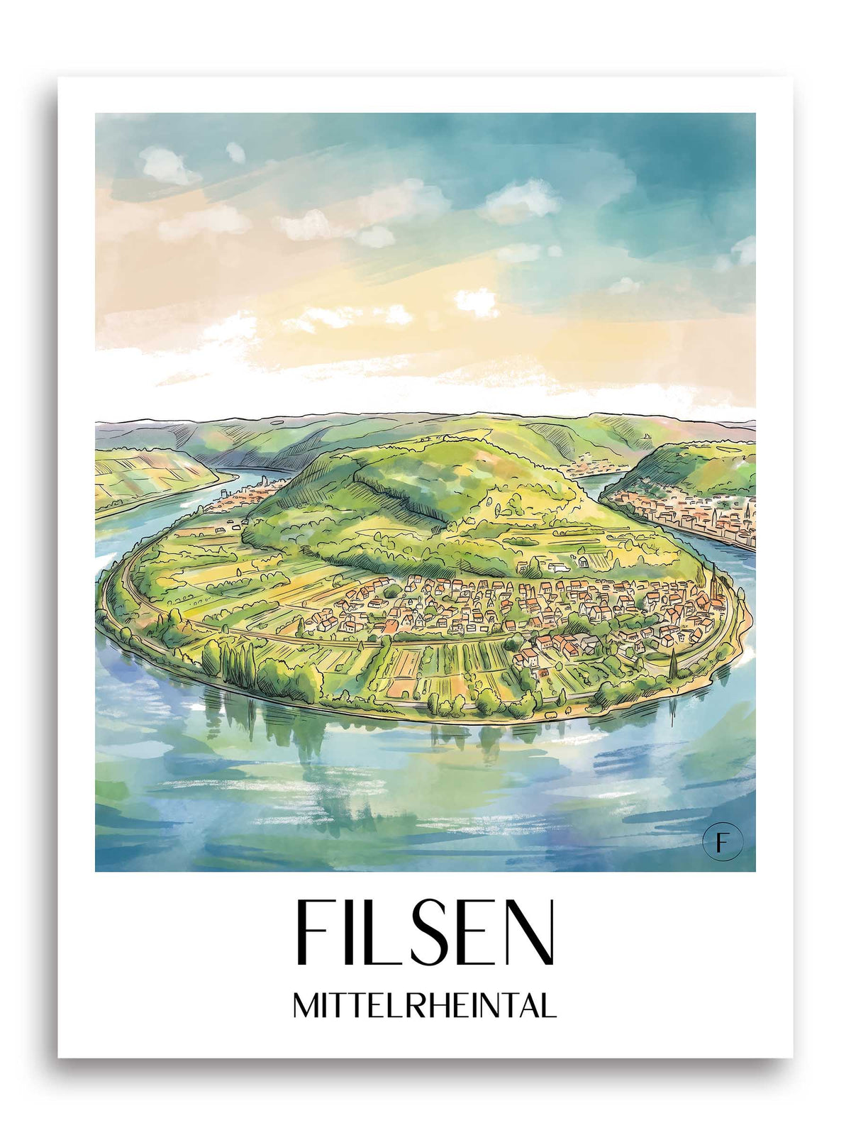 Filsen Poster - Mittelrheintal - Deutschland Kunstdruck - Aquarell von A4 bis A1