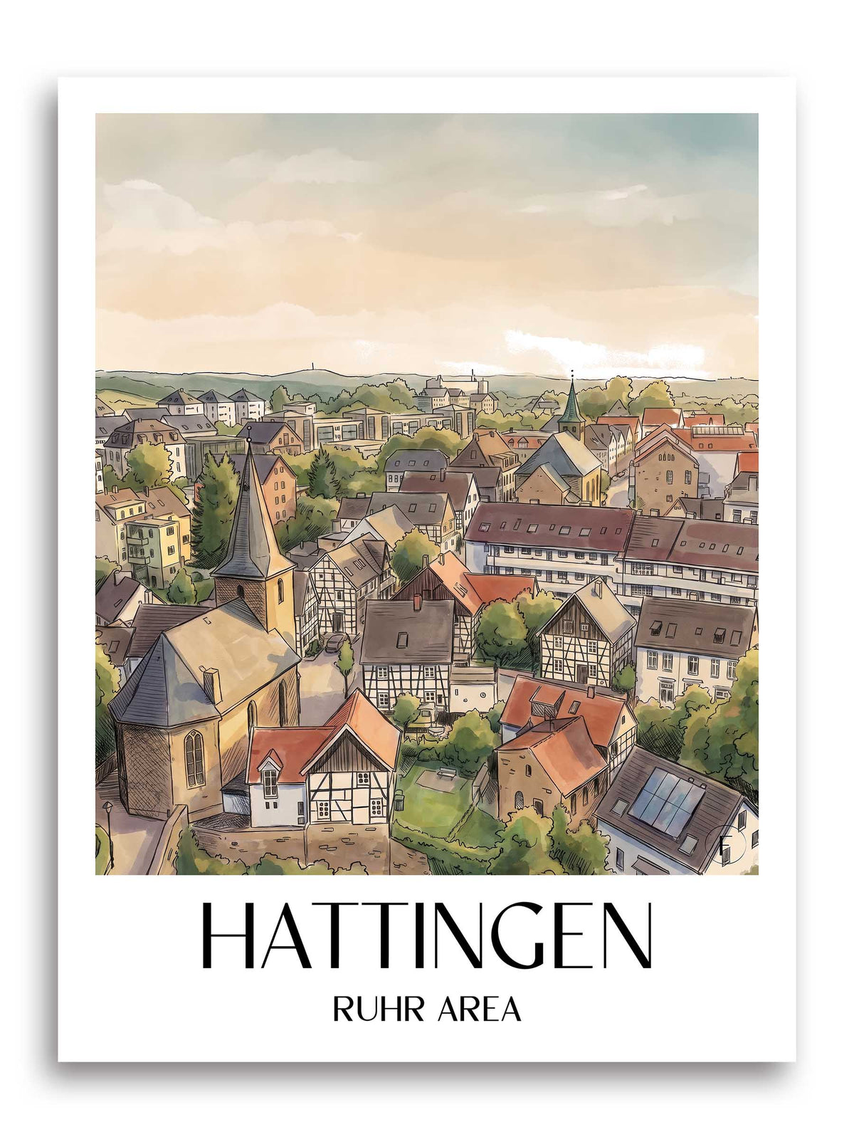 Hattingen Poster - Ruhrgebiet - Deutschland Kunstdruck - Aquarell von A4 bis A1