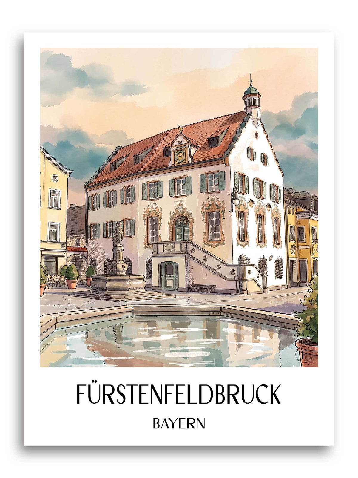 Fürstenfeldbruck Poster - Bayern - Deutschland Kunstdruck - Aquarell von A4 bis A1