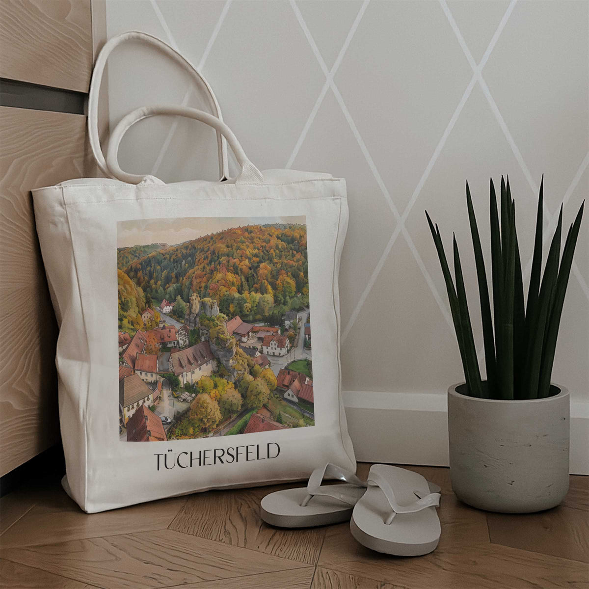 tüchersfeld-fränkische-schweiz-deutschland-einkaufstasche-aquarell