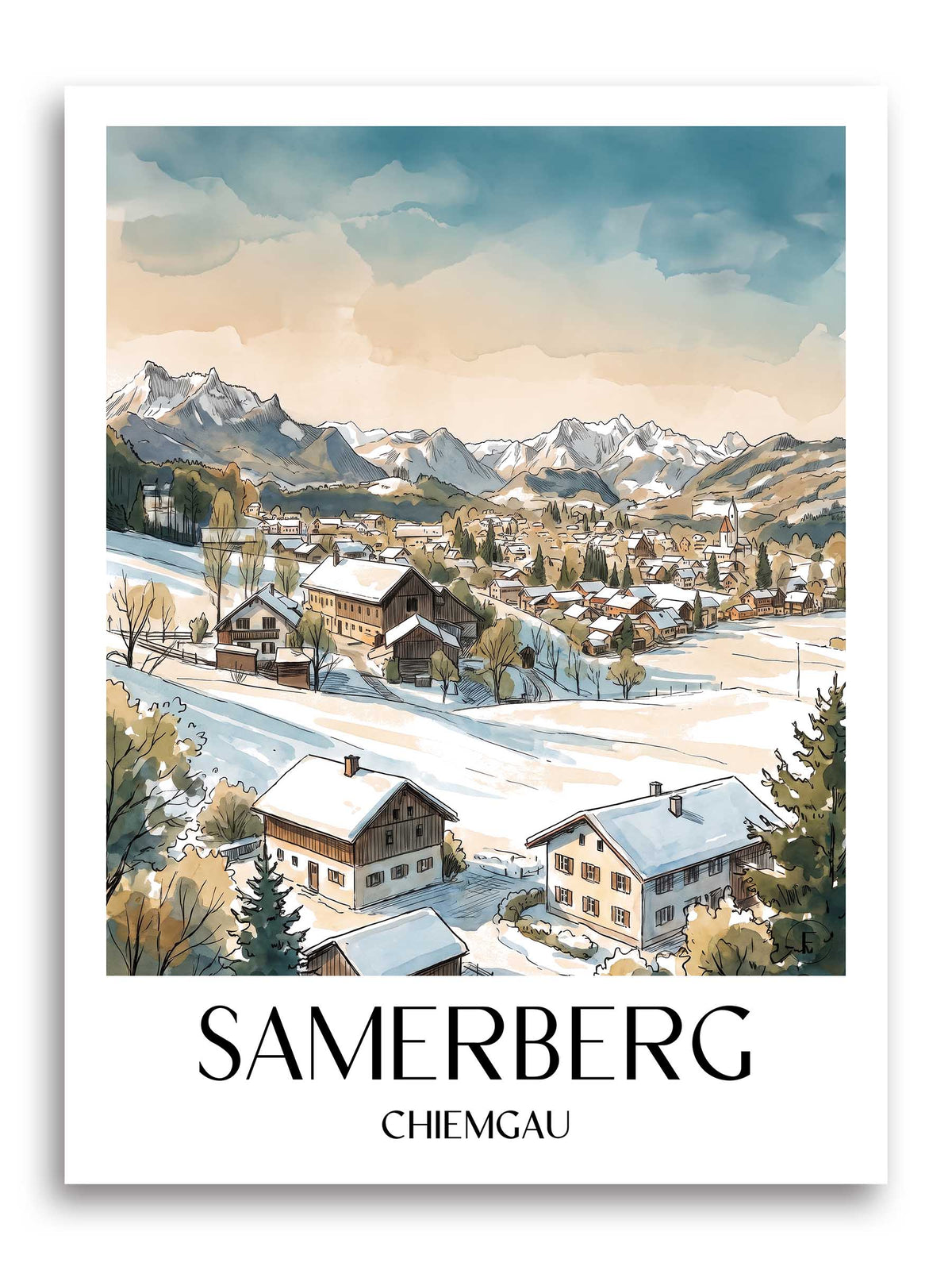 Samerberg Poster - Chiemgau - Deutschland Kunstdruck - Aquarell von A4 bis A1