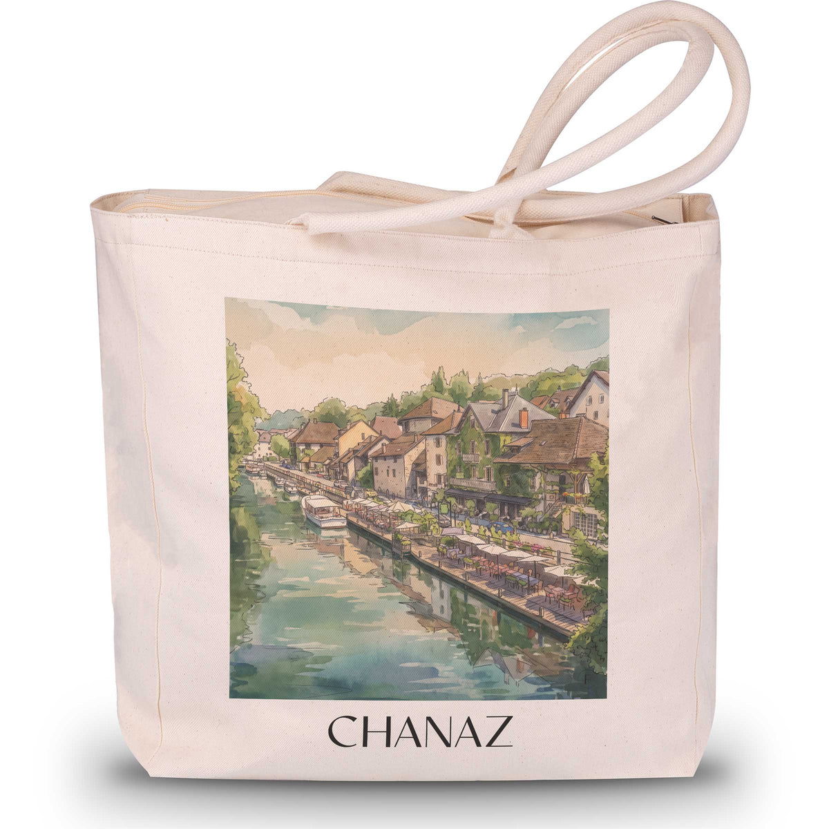 chanaz-canal-de-savière-frankreich-einkaufstasche-aquarell