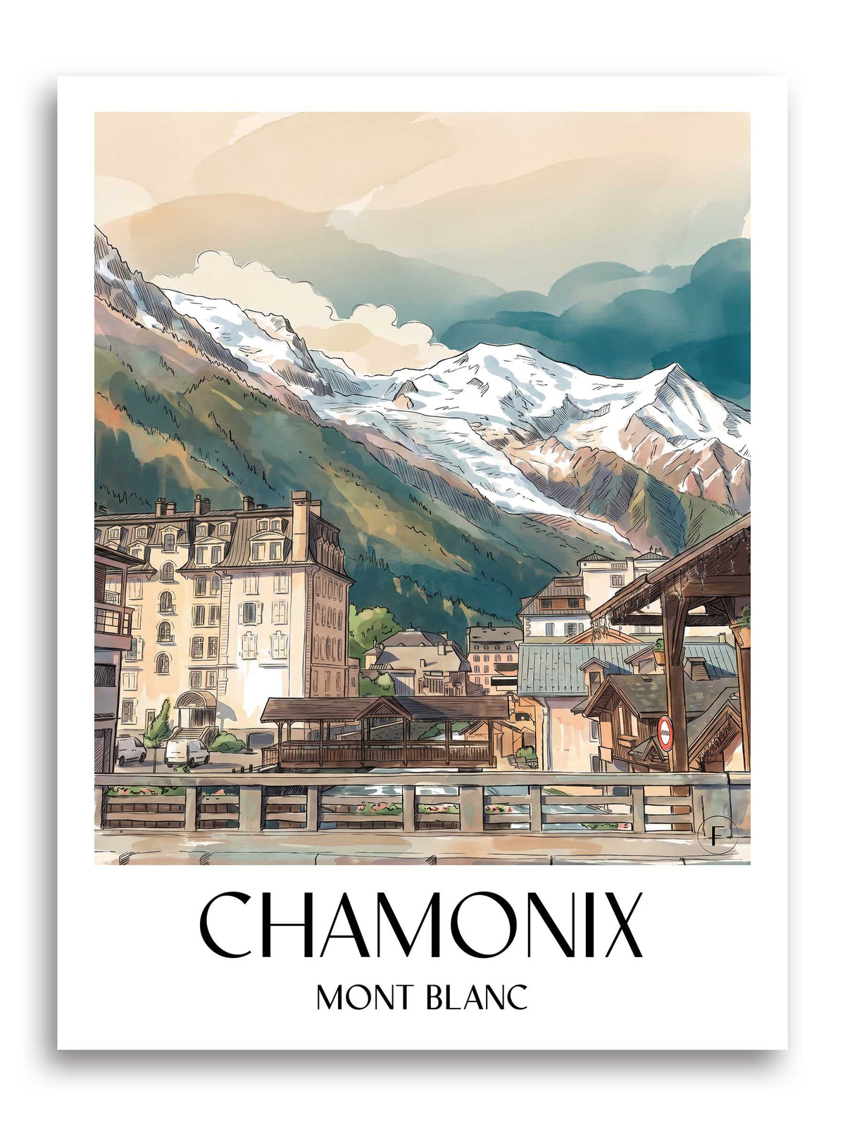 Chamonix Poster - Mont Blanc - Frankreich Kunstdruck - Aquarell von A4 bis A1