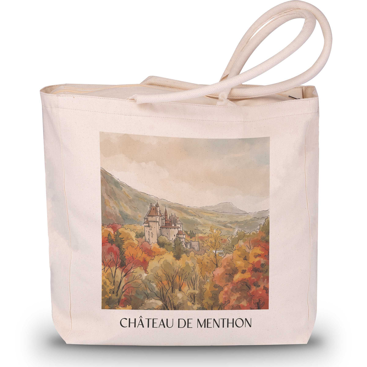 château-de-menthon-lac-d'annecy-frankreich-einkaufstasche-aquarell